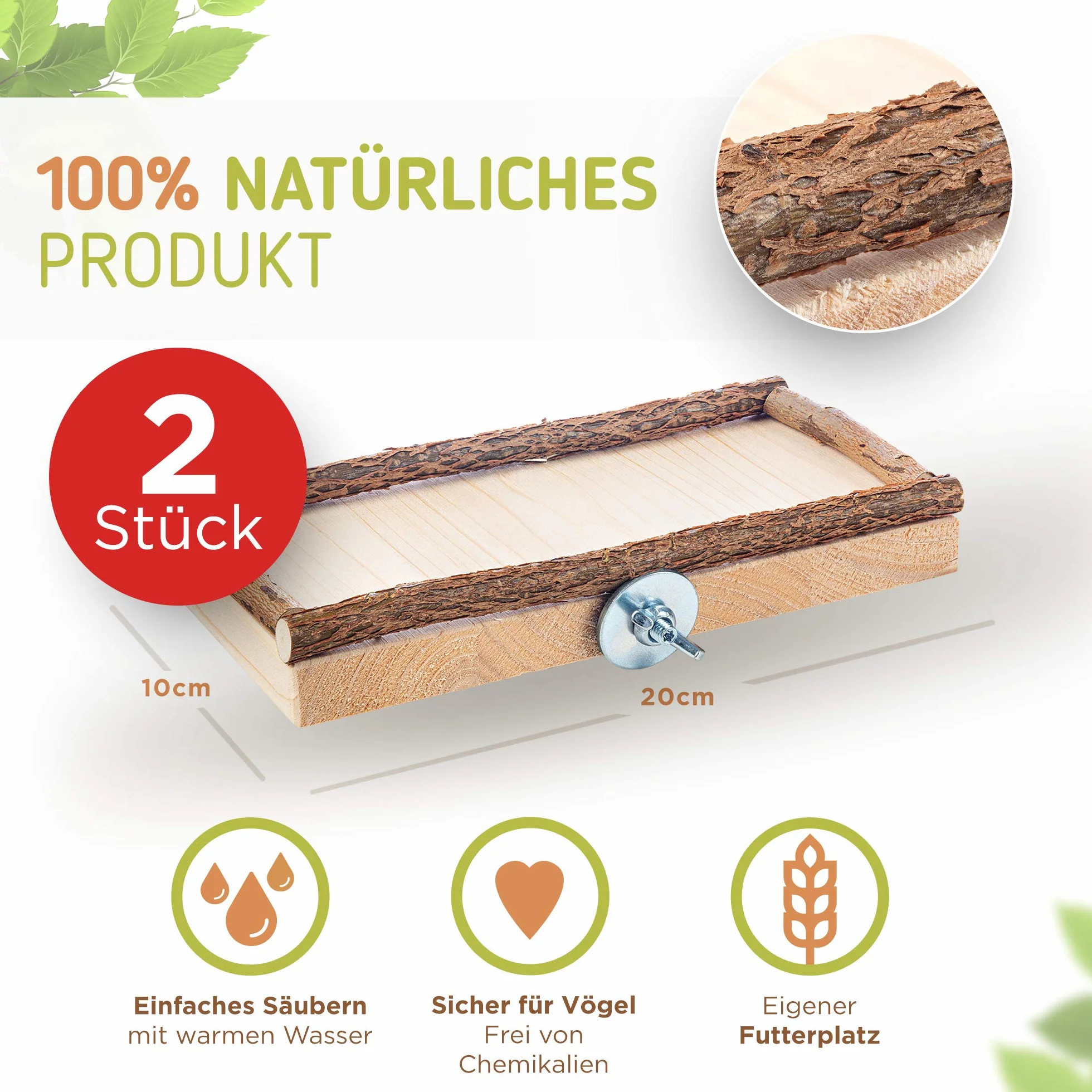 Vogelgaleria zestaw 2 desek platform do siedzenia 10 x 20 cm z naturalnym drewnem dla ptaków takich, jak kogut papuga falista itp. Idealne akcesoria do klatki, z materiałem do montażu