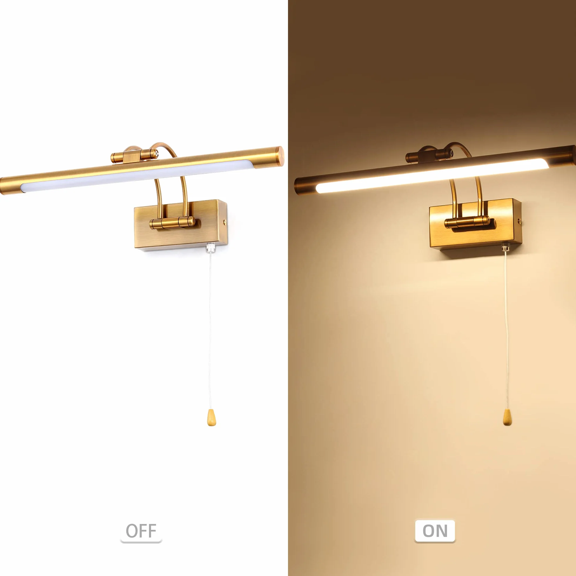 LED 8W IP44 Lustrzana lampa ścienna Oświetlenie łazienkowe Mosiężne oświetlenie wewnętrzne Z przełącznikiem 40cm 3000K Kinkiety do obrazów i gablot Regulowane ramię Lampy do czytania
