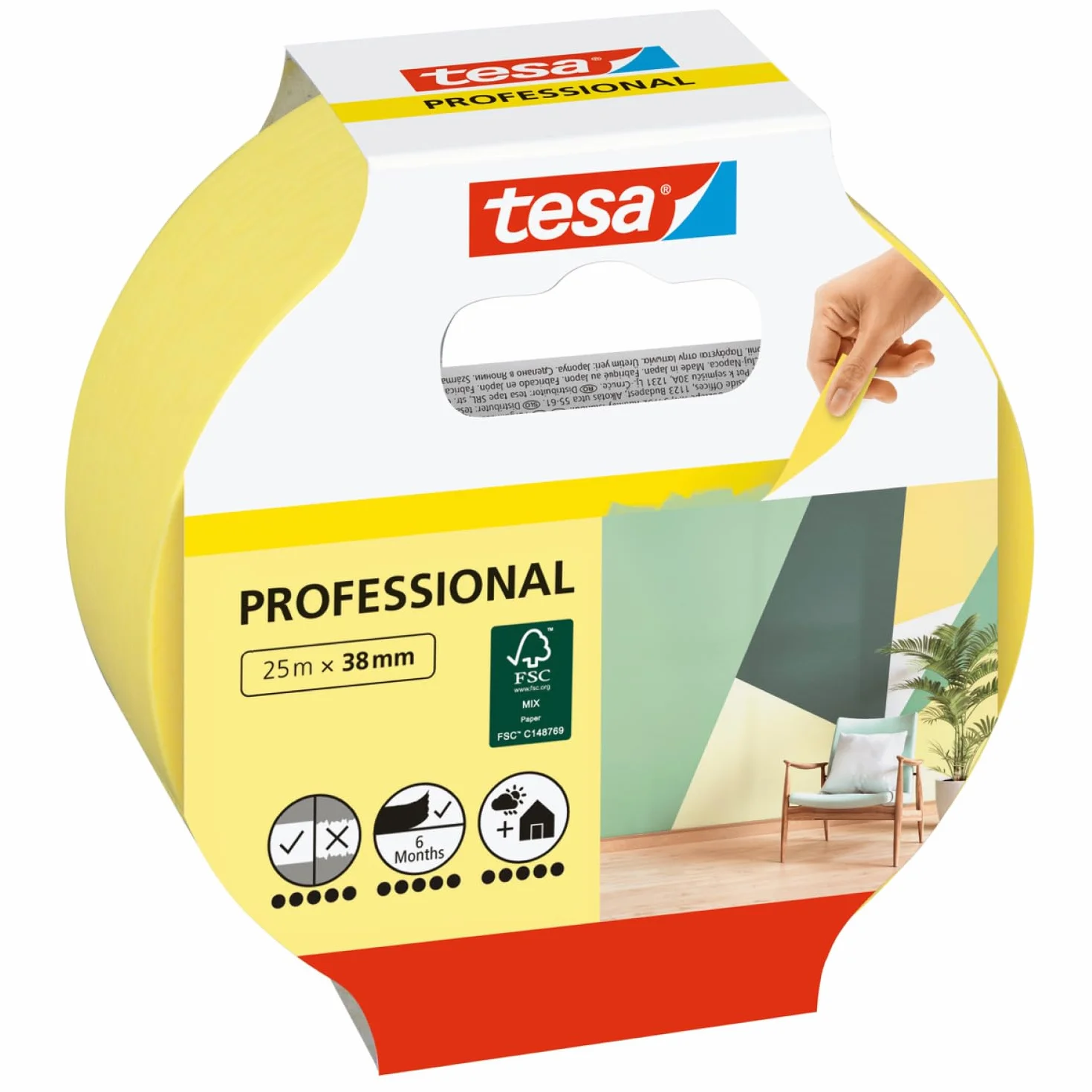 tesa Professional - malarska taśma maskująca z cienkiego papieru Washi do wyjątkowo precyzyjnego maskowania podczas malowania - do stosowania wewnątrz i na zewnątrz - 25m x 38mm