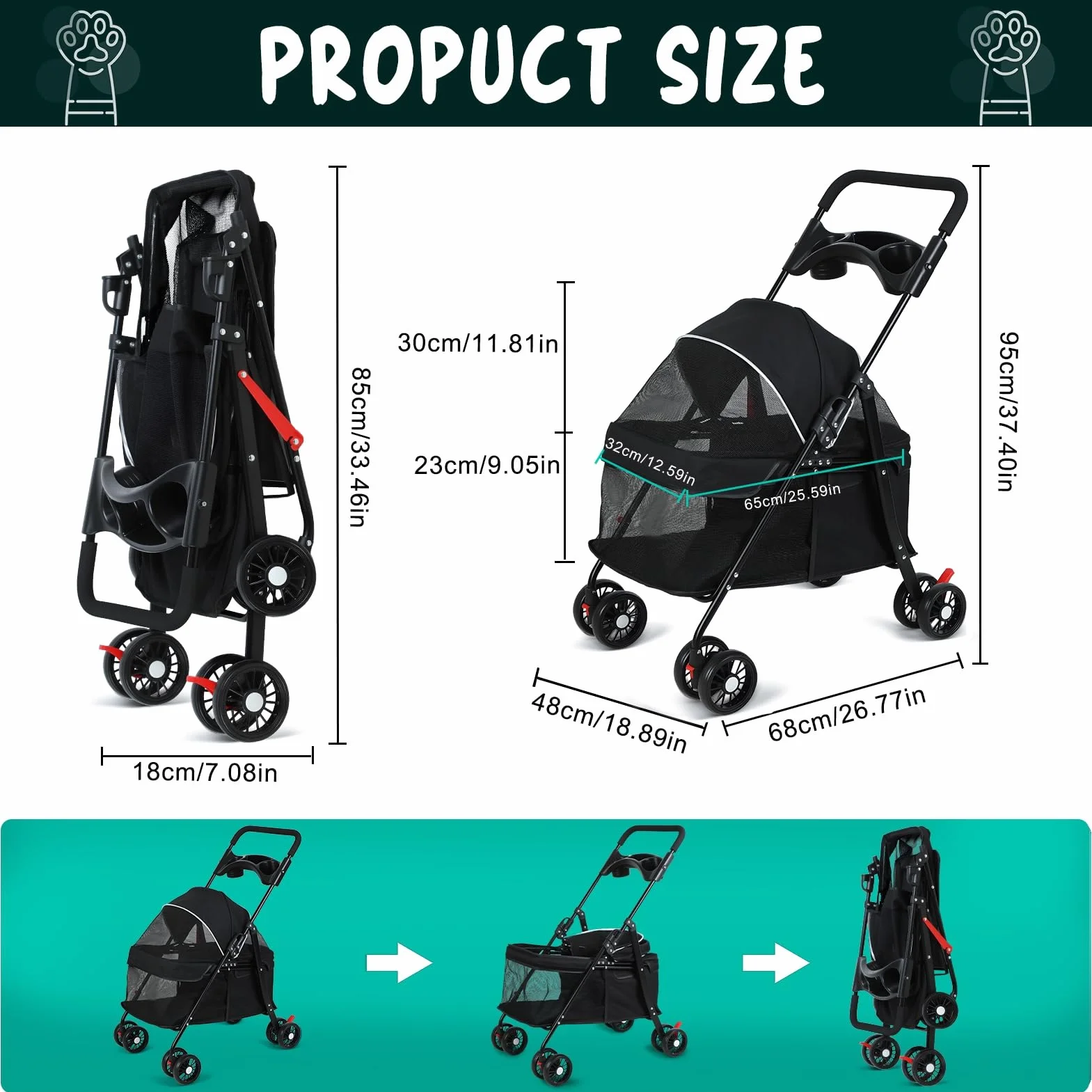 Wózek dla psa i kota, wózek podróżny, wózek dla psa, kota, wózek dziecięcy Jogger Buggy z 4 kółkami, wózek dla zwierząt domowych na kółkach