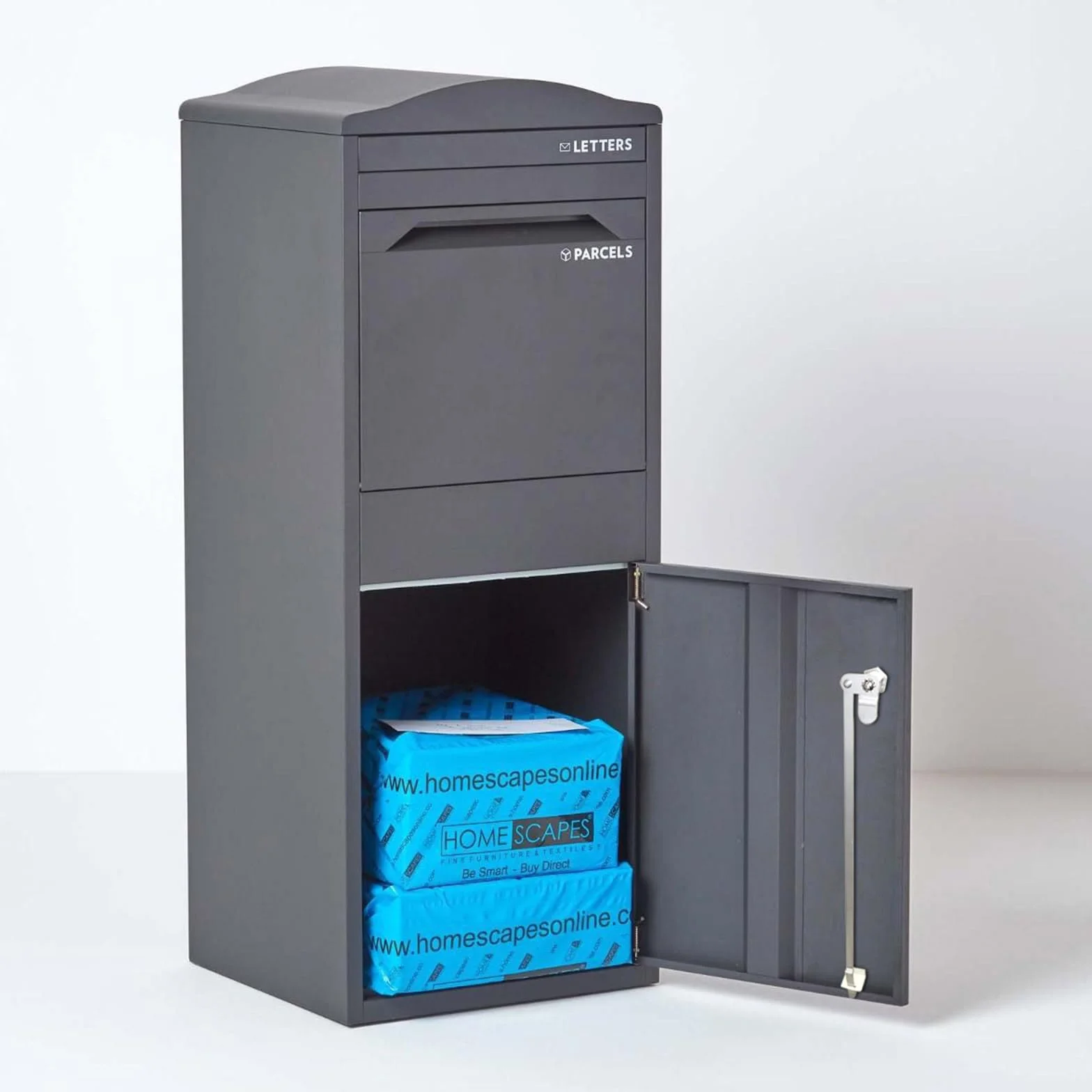 SMART PARCEL BOX Duża skrzynka na paczki na zewnątrz, odporna na warunki atmosferyczne, szara skrzynka dostawcza, zakrzywiona góra, bezpieczny dostęp z przodu, trwała stal ocynkowana, zamykana na
