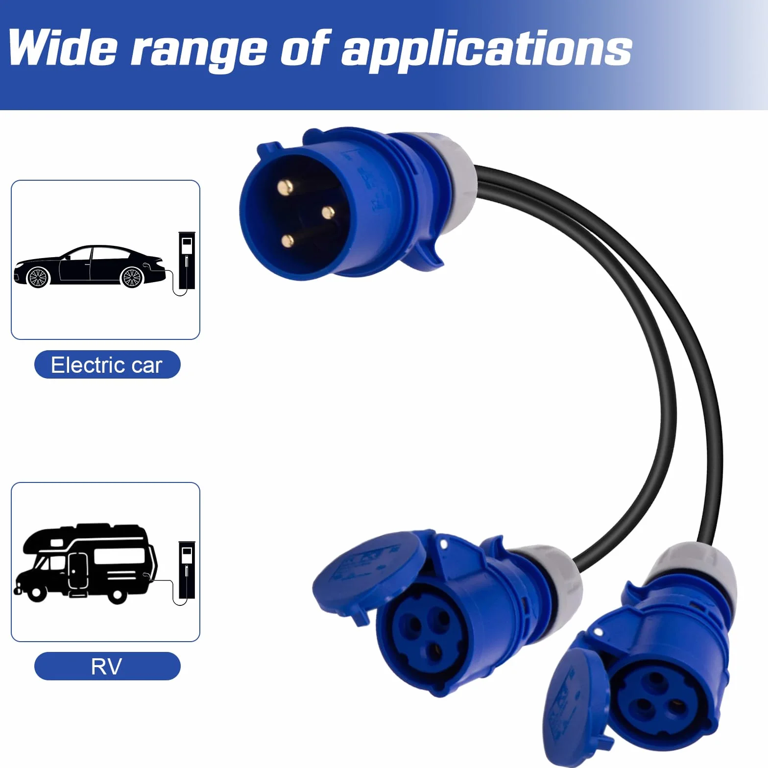 Adapter CEE, wtyczka 32 A do 2 gniazd 16 A, IP44, 2-drożny kabel konwerterowy, rozdzielacz rozdzielacz, generator do przyczep kempingowych, adapter 230 V, IP44