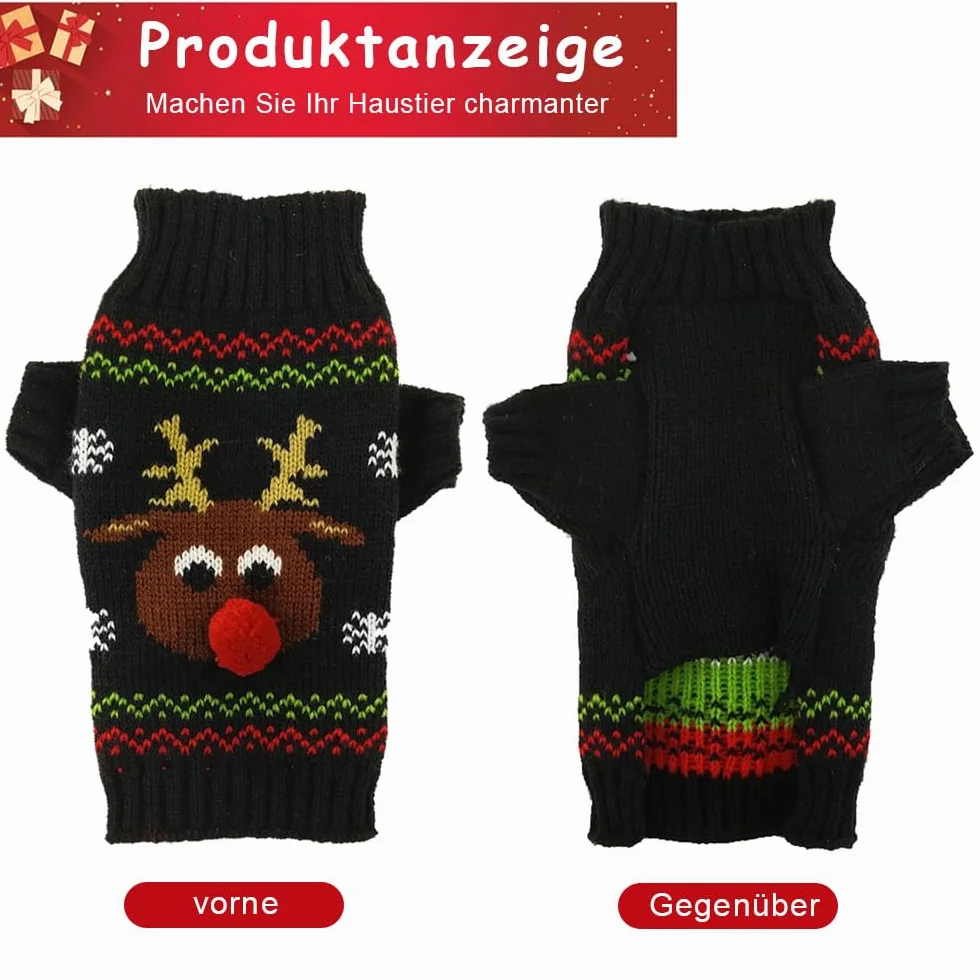 LATRAT Świąteczny sweter dla psa, ubrania łosia, ciepły kostium dla małego i średniego szczeniaka (rozmiar XL, czarny łosi)