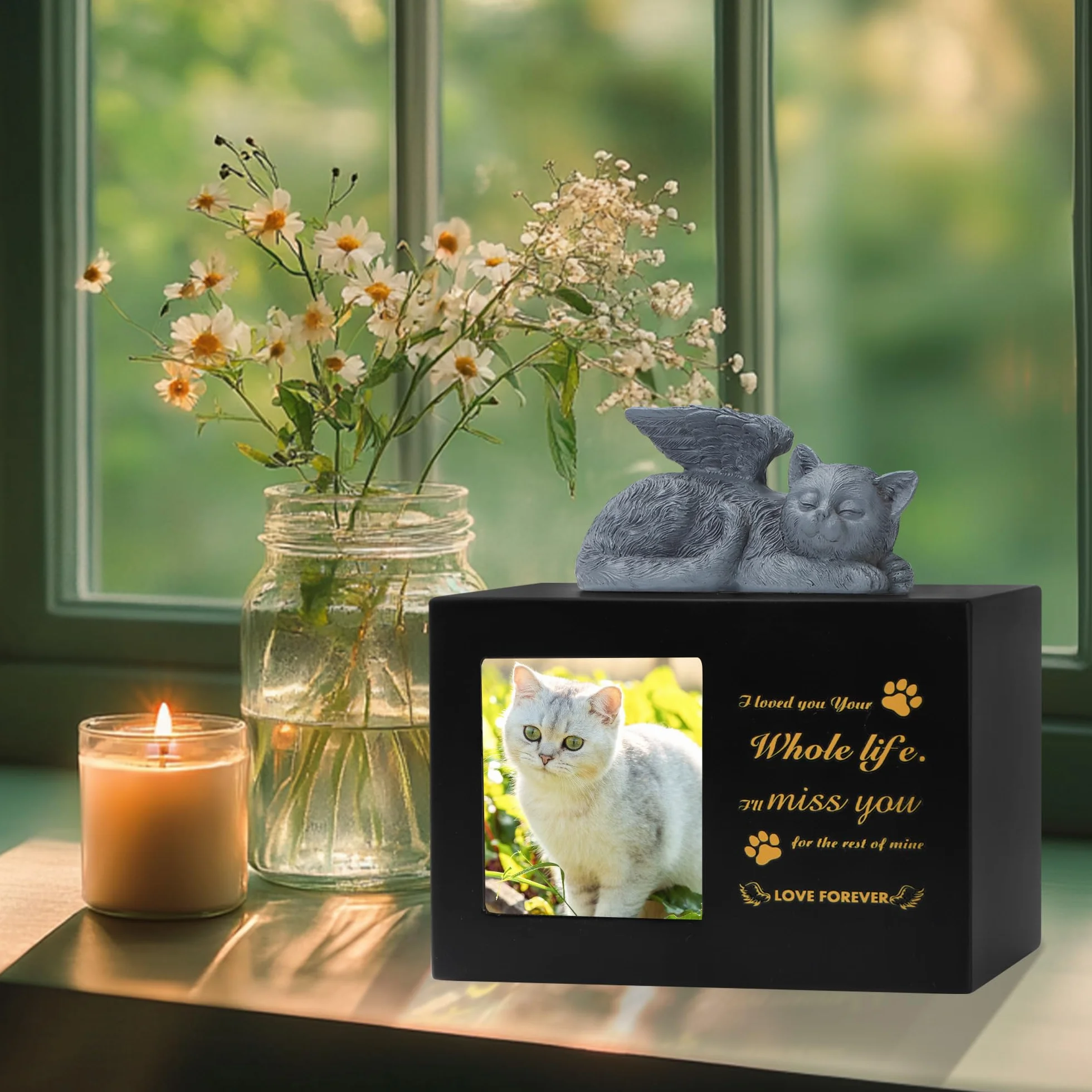 Pet Urns for Cat, Pet Memory Box, Black Wooden Cat Urns for Ashes, w zestawie z figurką kota z żywicy i aksamitną torbą do przechowywania prochów