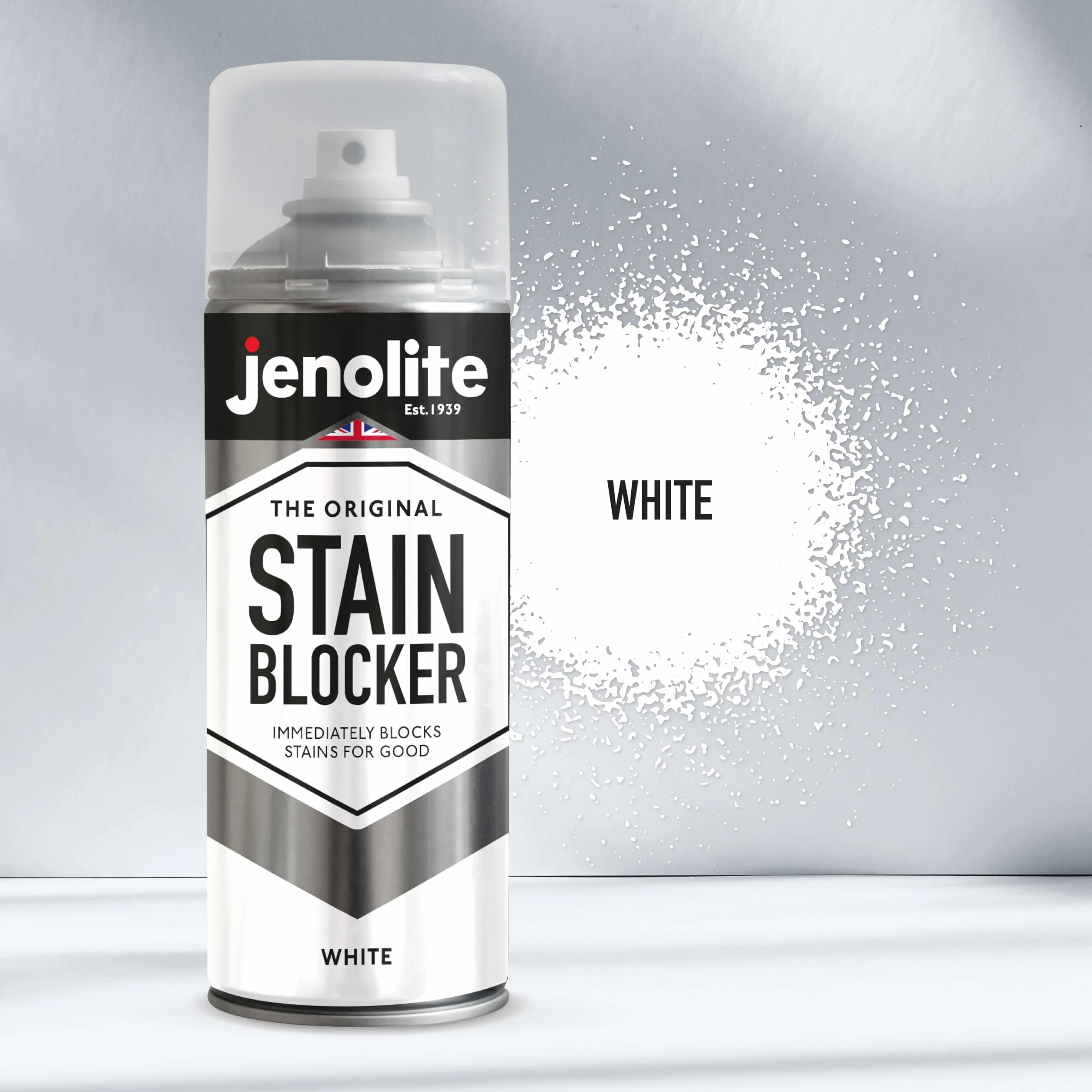 JENOLITE Farba w sprayu do blokowania plam, biała, natychmiast blokuje pleśń