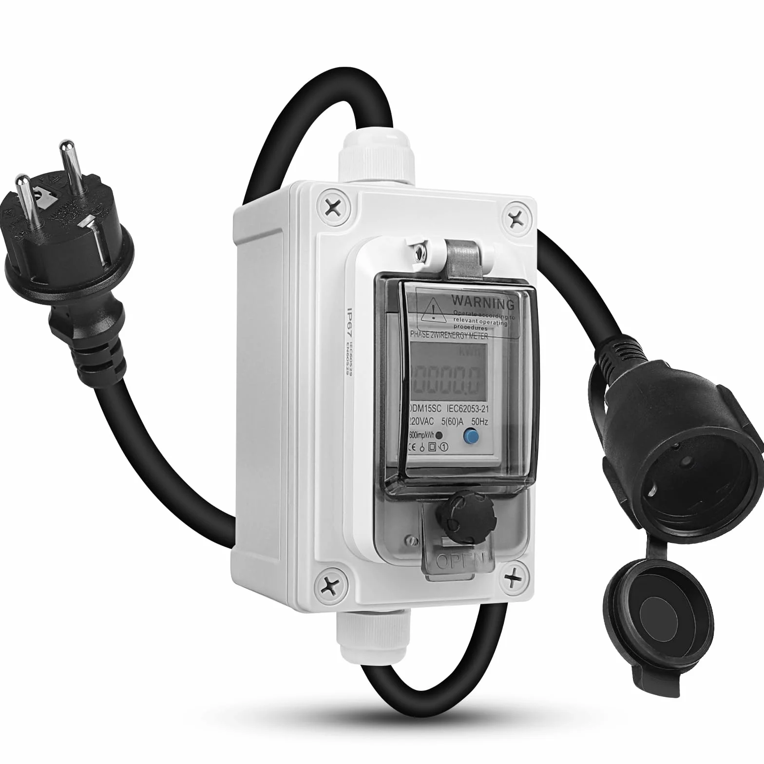 SWAWIS Mobilny cyfrowy licznik prądu 230 V, IP67, miernik zużycia prądu, mobilny, outdoorowy, KWH, gniazdko elektryczne z LED/resetem, miernik zużycia energii do samochodów kempingowych, pojazdów