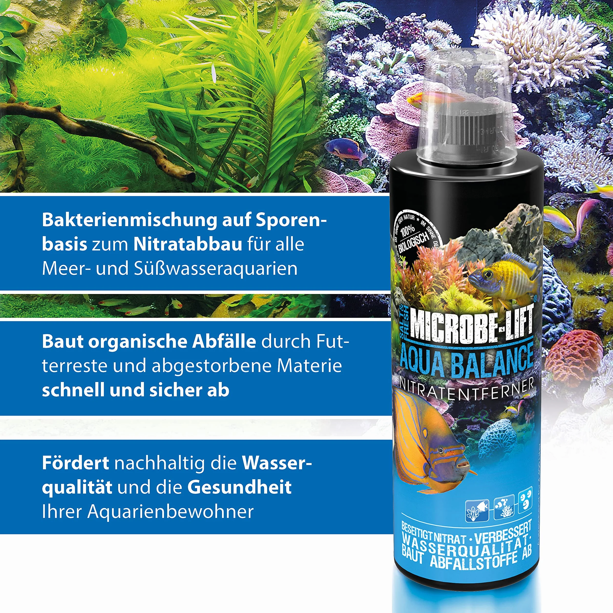 MICROBE-LIFT Aqua Balance – oczyszcza akwarium, zmniejsza ilość wymiany wody, usuwa azotan, wodę słodką i morską, 473 ml