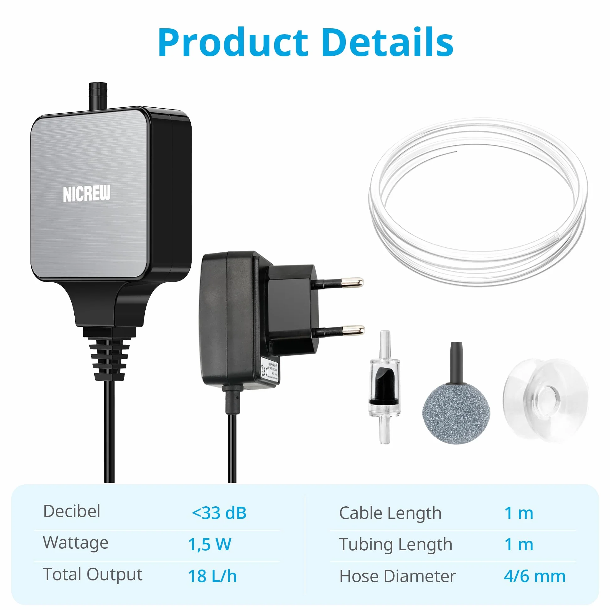 NICREW Buller akwariowy, Nano Silent Mini pompa powietrza do 40 l, ultra cicha <33 DB z kamieniem bąbelkowym, 18 L/H, 1,5W