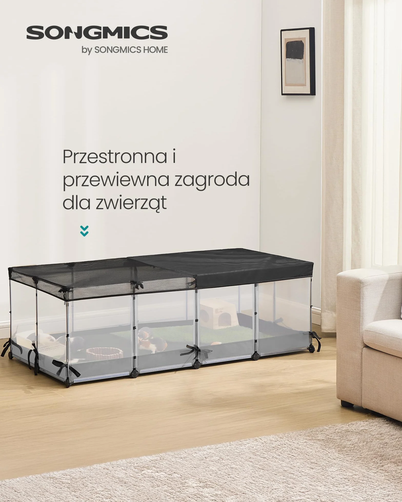 SONGMICS Ogrodzenie dla małych zwierząt, półprzezroczyste panele, oddychająca tkanina, wodoodporna mata, dla królika, jeża, świnki morskiej, fretki, 144 x 74 x 47 cm, biała chmura LPC015W01