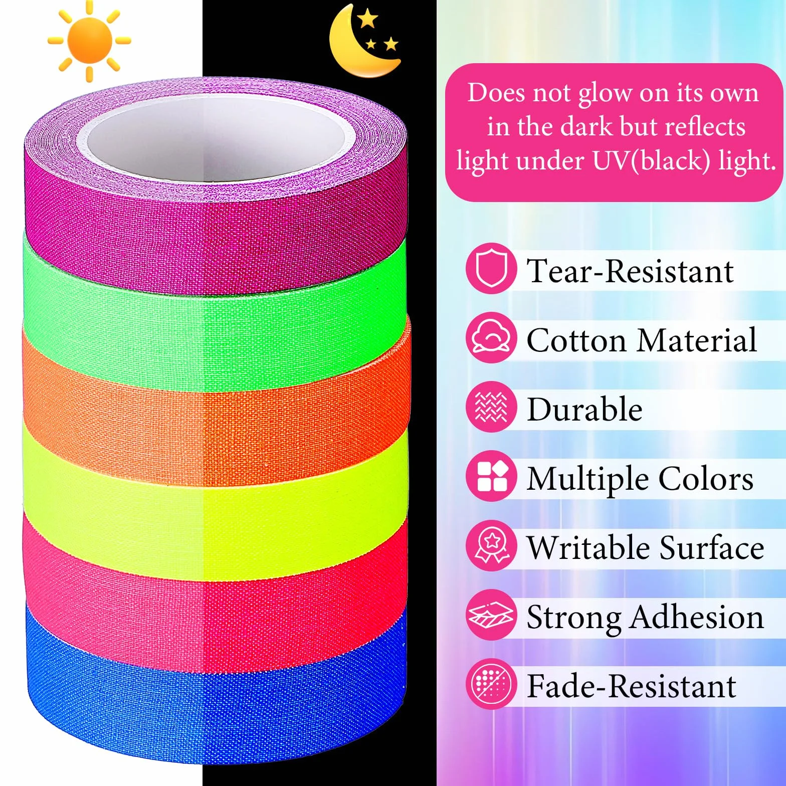 TIESOME 6 rolek neonowej taśmy klejącej, taśma fluorescencyjna UV, czarne światło, 1,5 cm x 5 m, taśma świetlna, dekoracja na imprezę i projekty artystyczne, 6 kolorów (niebieski, pomarańczowy, różowy
