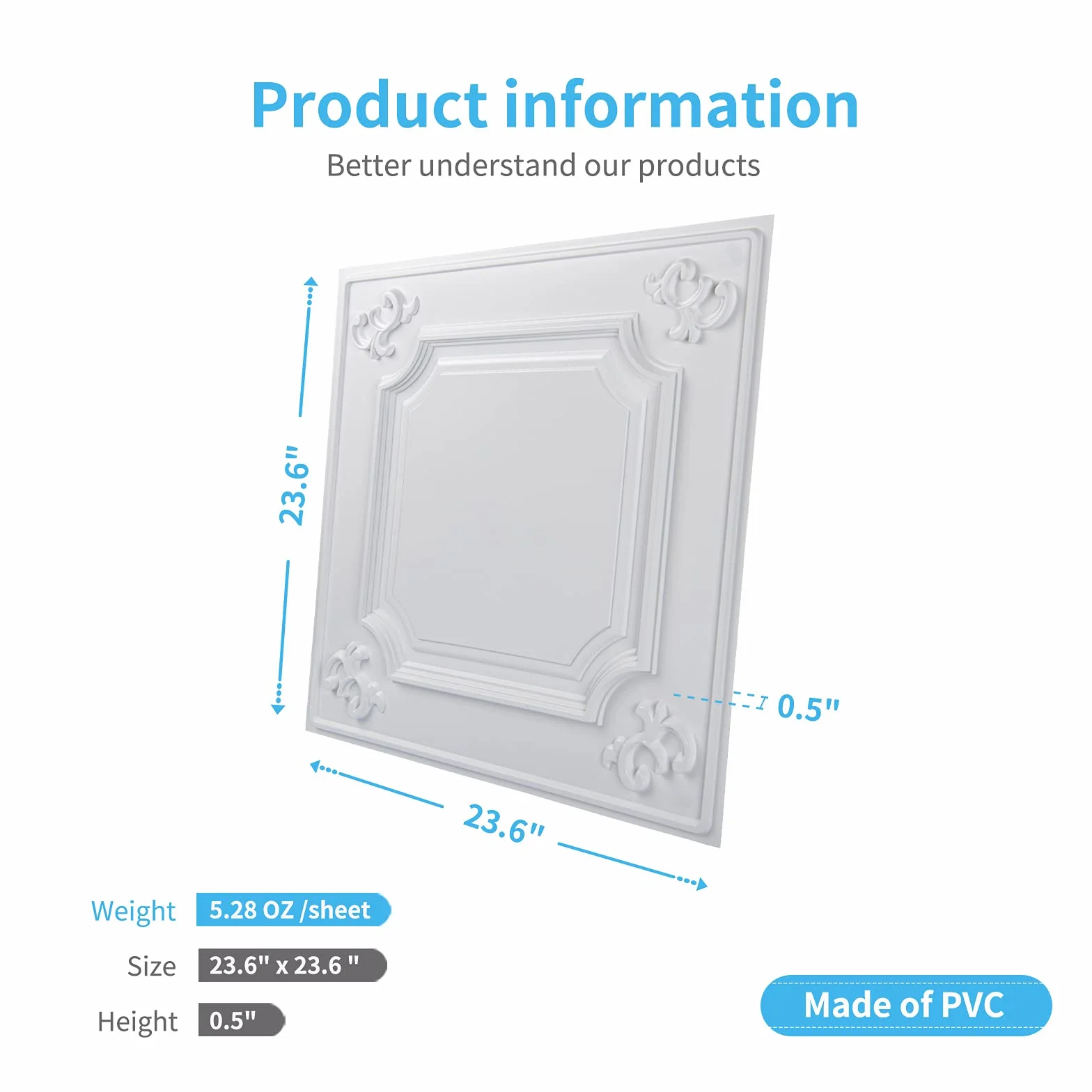 Art3d Wiszące płytki sufitowe Panele ścienne 3D 61 x 61 cm białe 12 szt. 4.5 ㎡