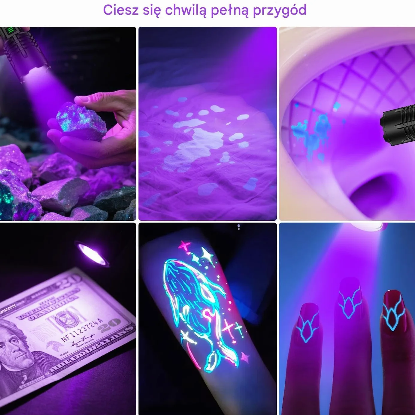 Latarka LED z UV 395nm 2w1, Doładowywana, Ekstremalnie Jasna, Długa żywotność baterii, wodoodporna, z zoomem, 6 trybów światła ultrafioletowego/czarnego do outdooru, wykrywania moczu zwierząt