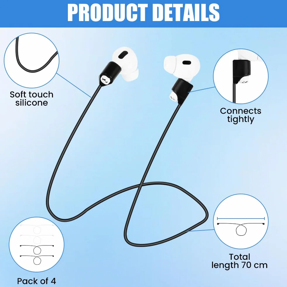 HOTUT magnetyczne paski zapobiegające zgubieniu do słuchawek AirPods, silikonowe, 70 cm, czarno-białe