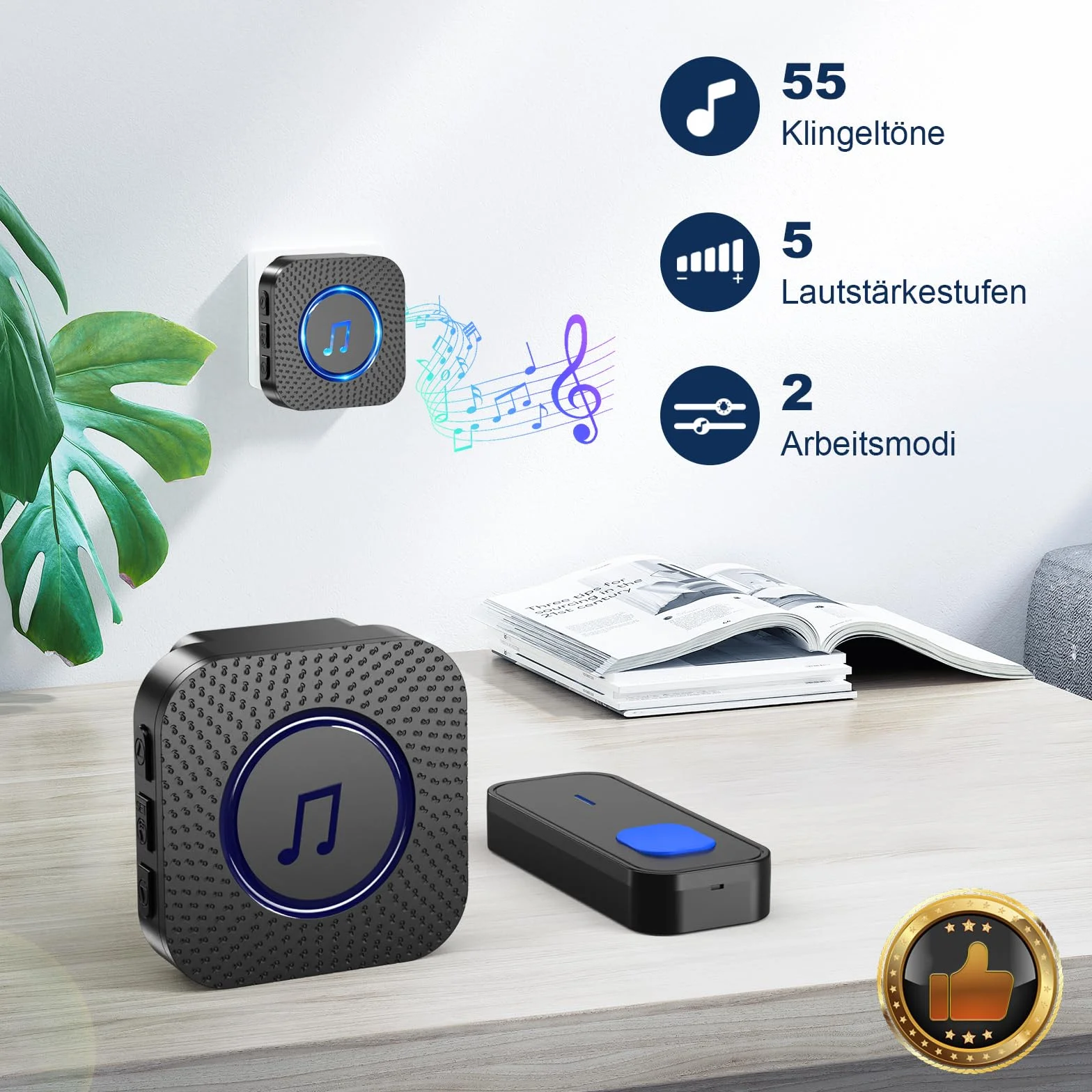 SURFOU Bezprzewodowy dzwonek do drzwi, zasięg 400 m, wodoszczelny, elektroniczny dzwonek do drzwi wejściowych z 3 odbiornikami plug-in i 2 nadajnikami o 5 poziomach głośności, 55 melodii, czarny