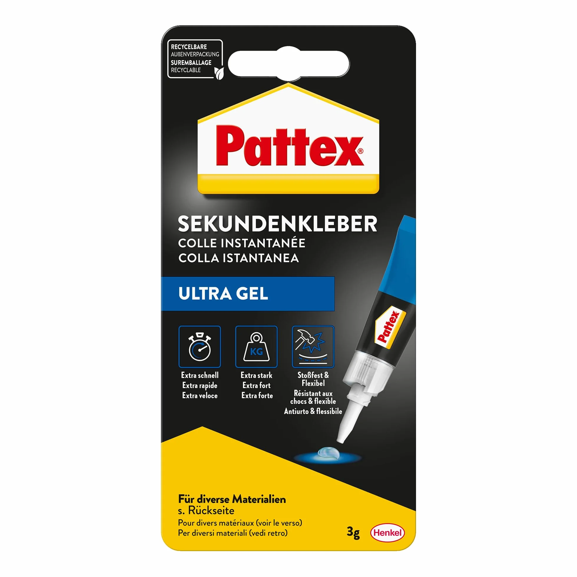 Klej błyskawiczny Pattex Ultra Gel, 3 g bardzo mocny i elastyczny superklej, odporny na uderzenia i wodę klej naprawczy o konsystencji żelu, np. do gumy, skóry, drewna.