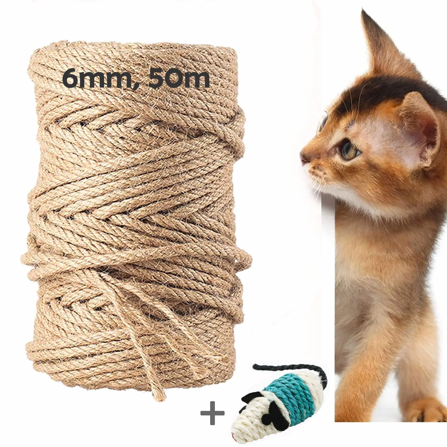 Lina sizalowa, 50 m, naturalna linka sizalowa dla kotów, zamiennik dla kotów, drapaka, do gospodarstwa domowego, ogrodu, DIY, dekoracja (6 mm, 50 m)