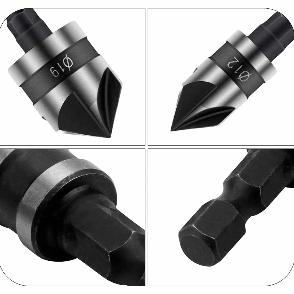 6 sztuk frez do fazowania 90 stopni, 5 fletów frez do fazowania, wiertło do fazowania ze stali węglowej, narzędzia do fazowania, do wiercenia i fazowania (12 mm, 16 mm, 19 mm)