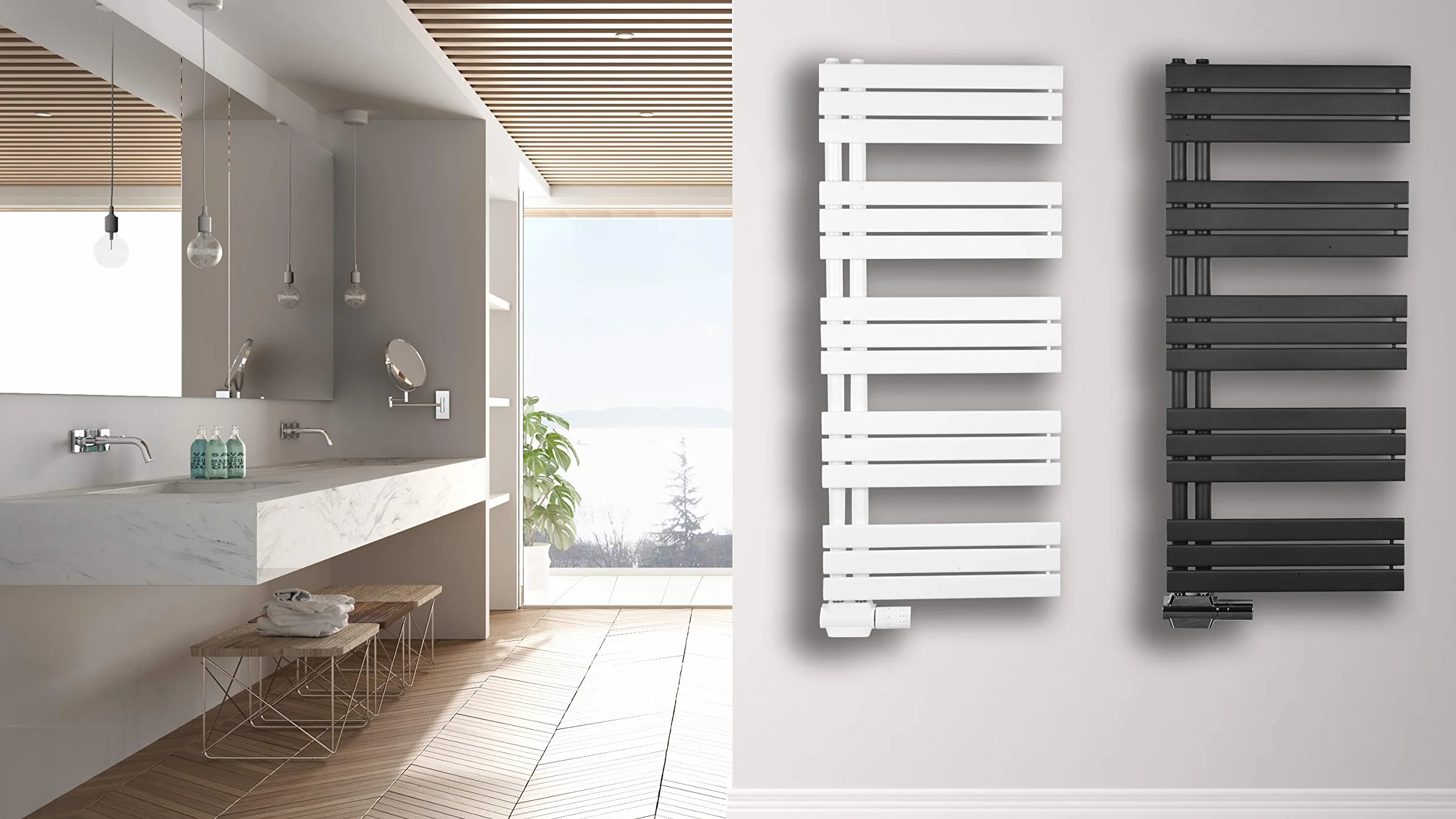MC Heat grzejnik łazienkowy 500 x 1400 mm biały podgrzewacz na ręczniki przesunięte przyłącze środkowe montaż obustronny