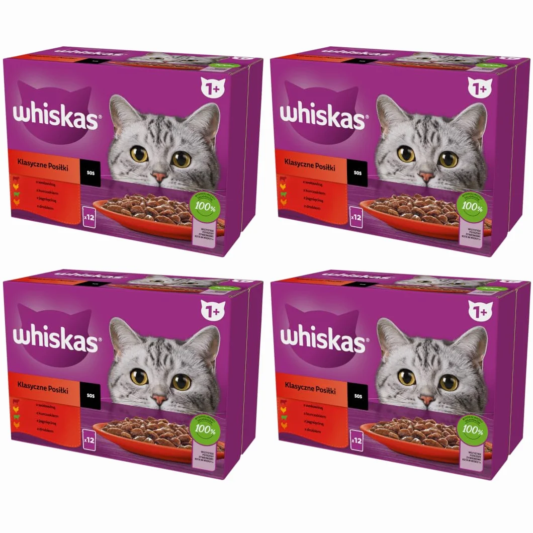 WHISKAS Posiłki dla kotów - 48 saszetek świeżości (zestaw 2 opakowań 24 x 85 g), klasyczne posiłki (4 odmiany), pasta dla dorosłych kotów w sosie. Pełna, mokra karma odpowiednia również dla kotów