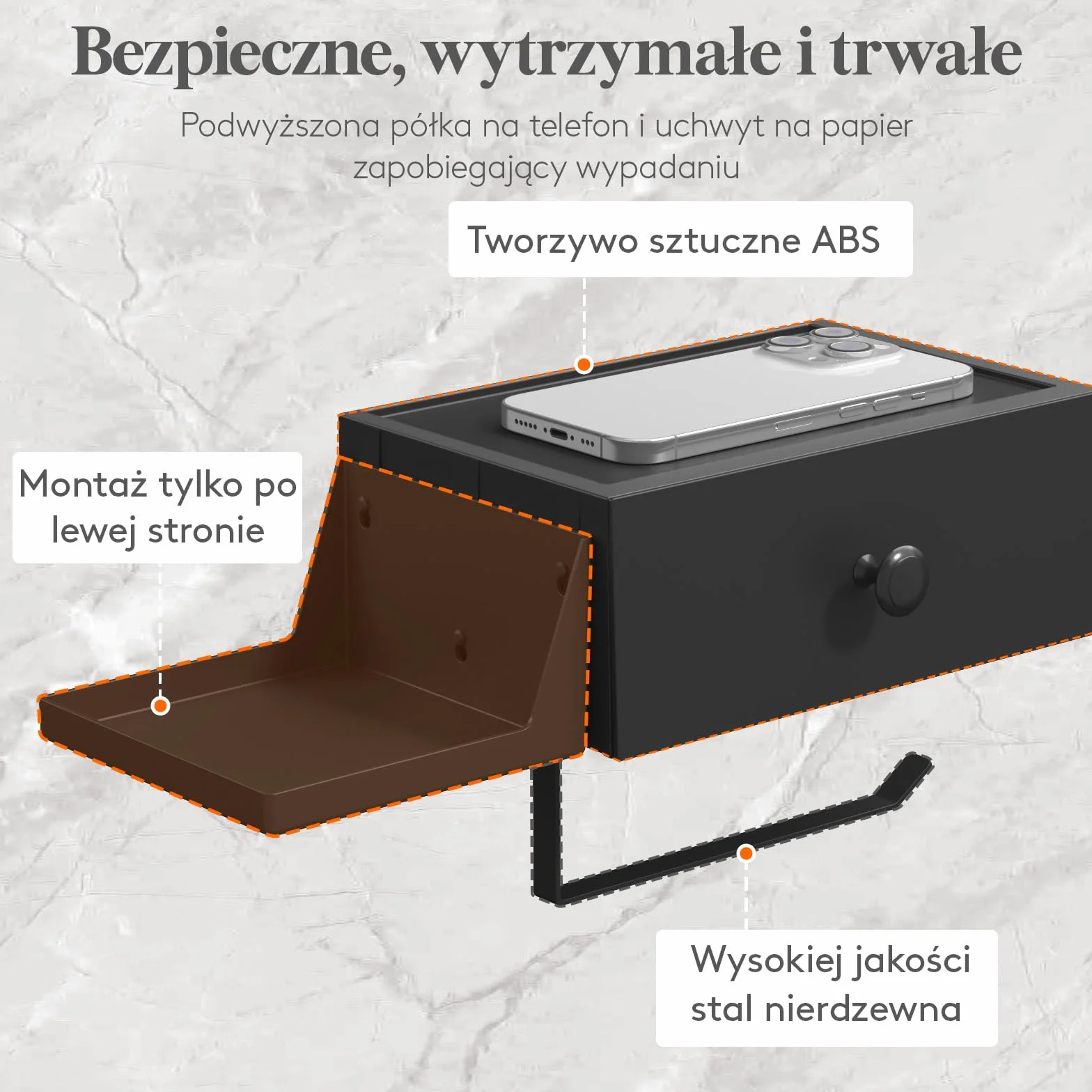 Lifewit SUS304 uchwyt na papier toaletowy, czarny, ze stali nierdzewnej, z pudełkiem na wilgotne chusteczki, uchwyt na papier toaletowy z półką do łazienki, toalety, montaż na klej / śrubę, 1 sztuka