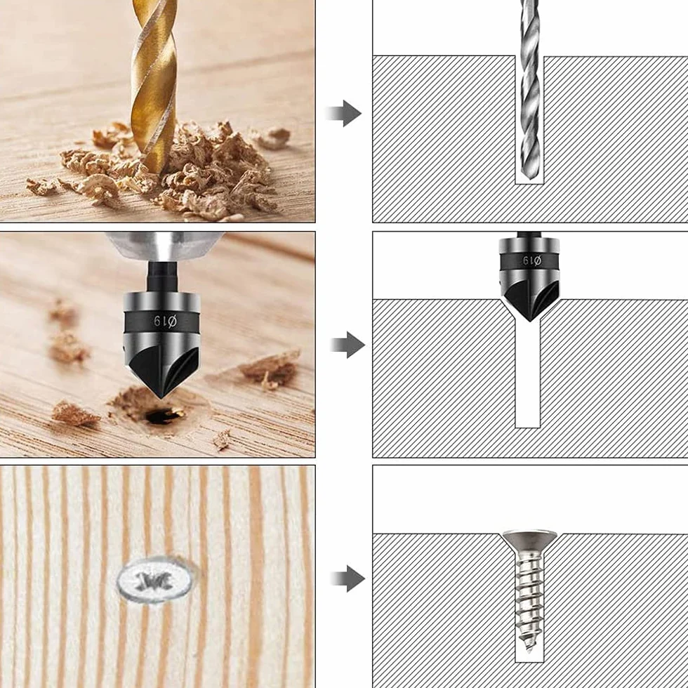 6 sztuk frez do fazowania 90 stopni, 5 fletów frez do fazowania, wiertło do fazowania ze stali węglowej, narzędzia do fazowania, do wiercenia i fazowania (12 mm, 16 mm, 19 mm)