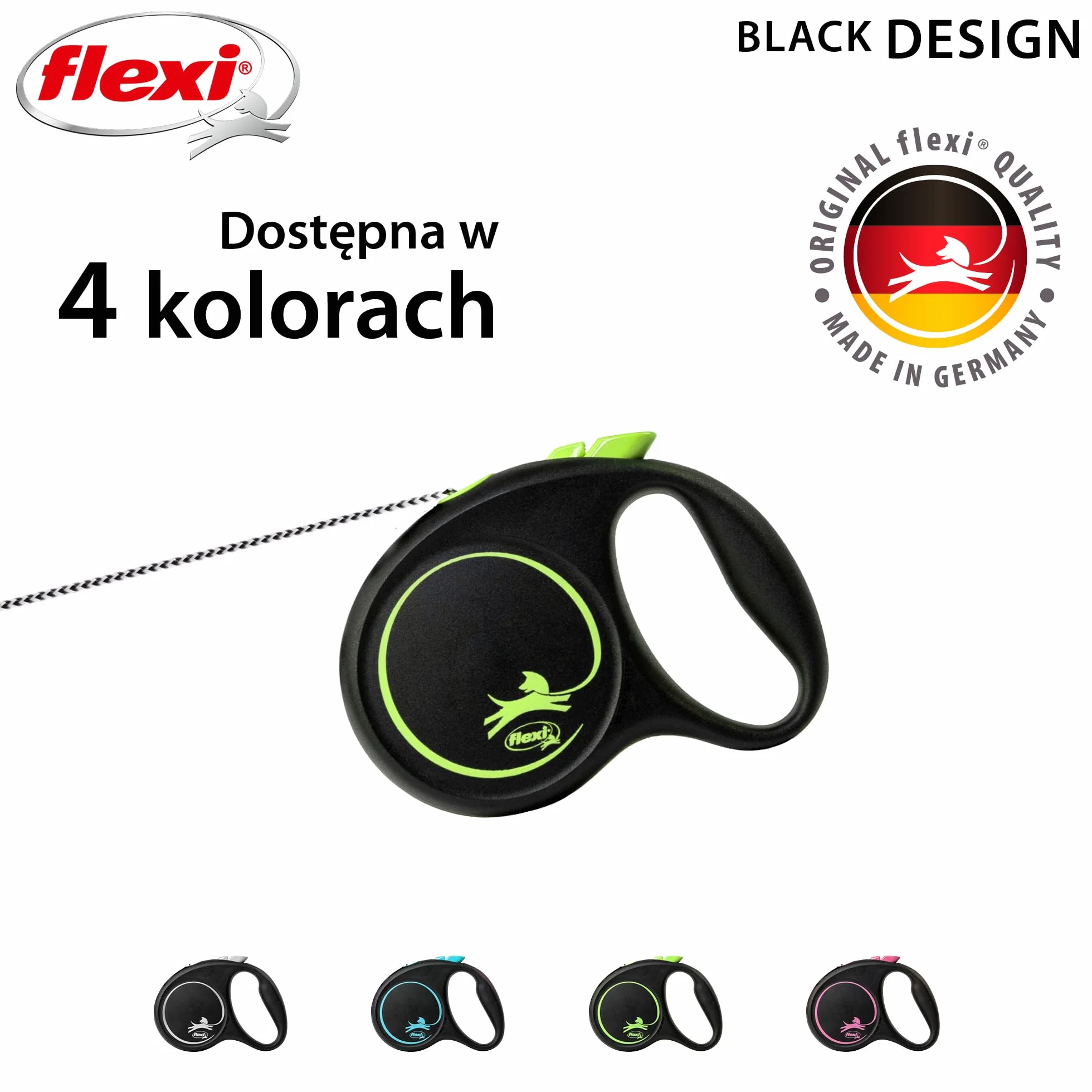 Flexi, model smyczy w kolorze czarnym, wersja ze sznurkiem, nowoczesny i ergonomiczny kształt, zaawansowany system prowadzenia, zwijana smycz, wyprodukowana w Niemczech, czarno-zielona, ​​XS - 3m