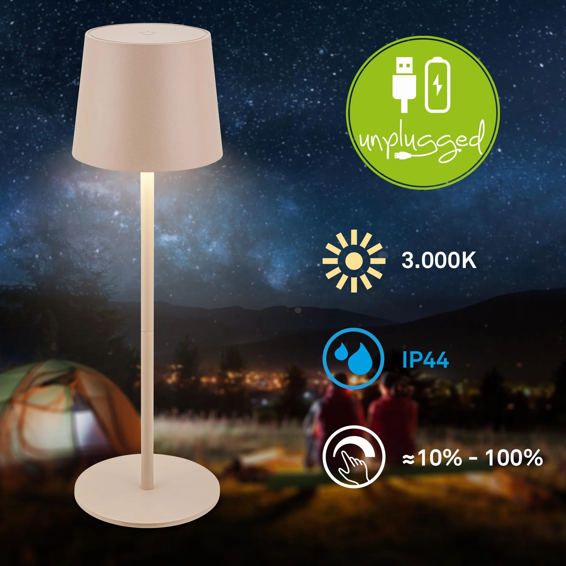 BRILONER - Lampa stołowa LED bezprzewodowa IP44 z dotykiem, ściemniana, akumulator i wymienne źródło światła, lampka nocna, lampa LED, kempingowa, akumulatorowa, 11x34,5cm, beżowy