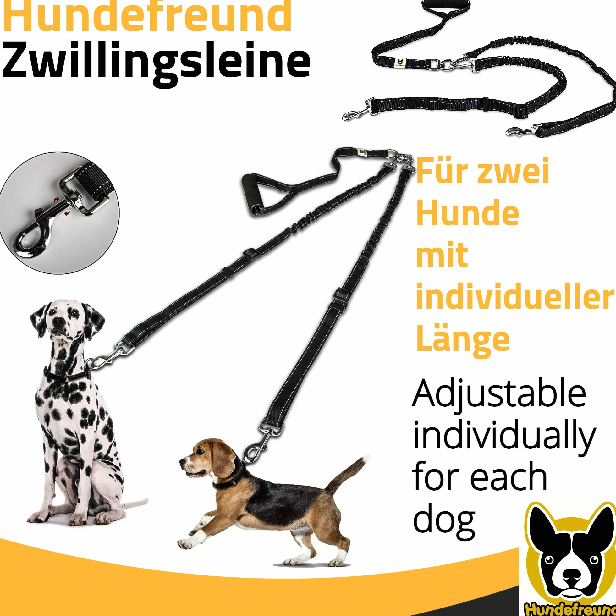 Smycz podwójna - smycz dla 2 dużych psów od 20 kg - podwójna smycz rozciągliwa, odblaskowa od 150 do 220 cm, z miękkim uchwytem