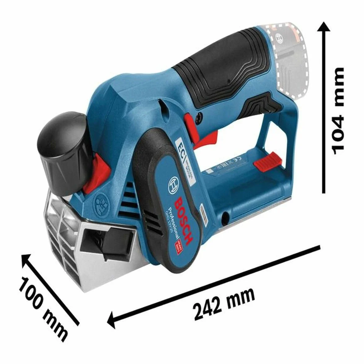 Bosch Professional system 12V: akumulatorowy strug GHO 12V-20, (maks. szerokość strugania 56 mm, 2 noże do struga 56 x 5,5 x 1,1 mm, walizka L-BOXX)