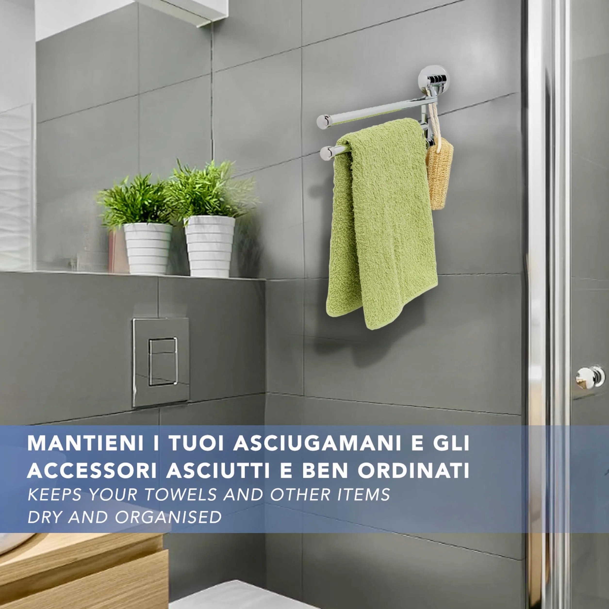 IPEA Uchwyt na ręczniki Naklejka ścienna lub meble łazienkowe - 2 miejsca - bez wiercenia - 180° - Nowoczesny design - ruchome podwójne ramię - uchwyt na chusteczki ścienne do przyklejania łazienki