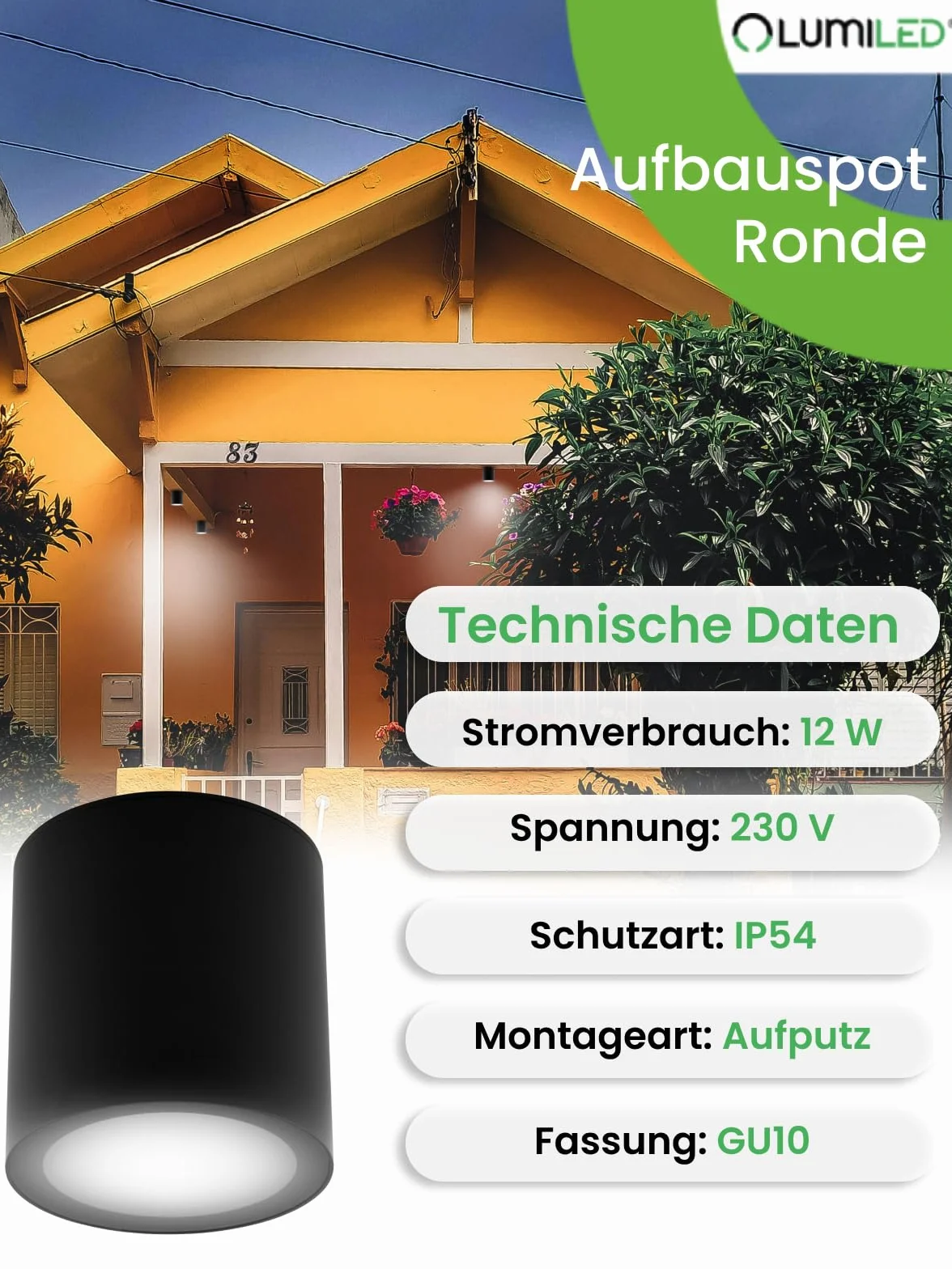 Lumiled Lampa natynkowa Spot natynkowy Nowoczesna 230V GU10 Maks.12W Lampa zewnętrzna Lampa sufitowa Oprawa sufitowa Aluminium Szkło hartowane Czarna IP54 Wodoszczelna Outdoor Zewnętrzna Ogród Lampa