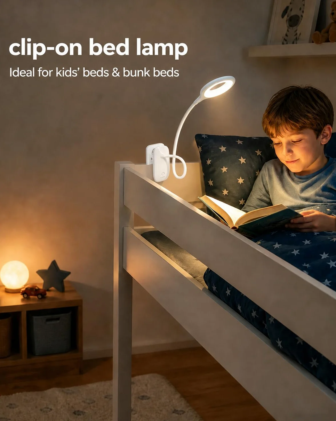 Lampka Zaciskowa do Łóżka dla Dzieci, LED Lampka do Czytania z Klipsem USB, 3 Kolory Światła, Dotykowe Ściemnianie, Lampka Nocna z Elastycznym Ramieniem do Pokoju Dziecka, Łóżka Piętrowego,biała