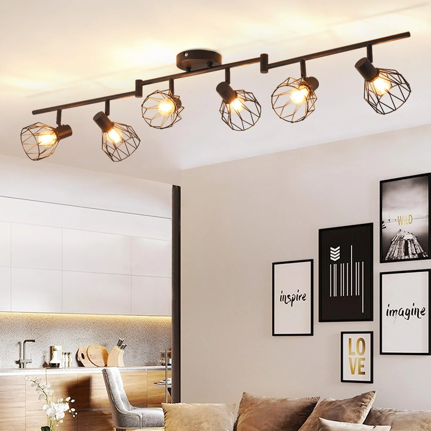 ANWIO Lampa sufitowa, 6 reflektorów LED do wnętrz sufitowych E14, oświetlenie sufitowe czarne z prostokątną podstawą, obrotowa lampa sufitowa LED (bez żarówek).