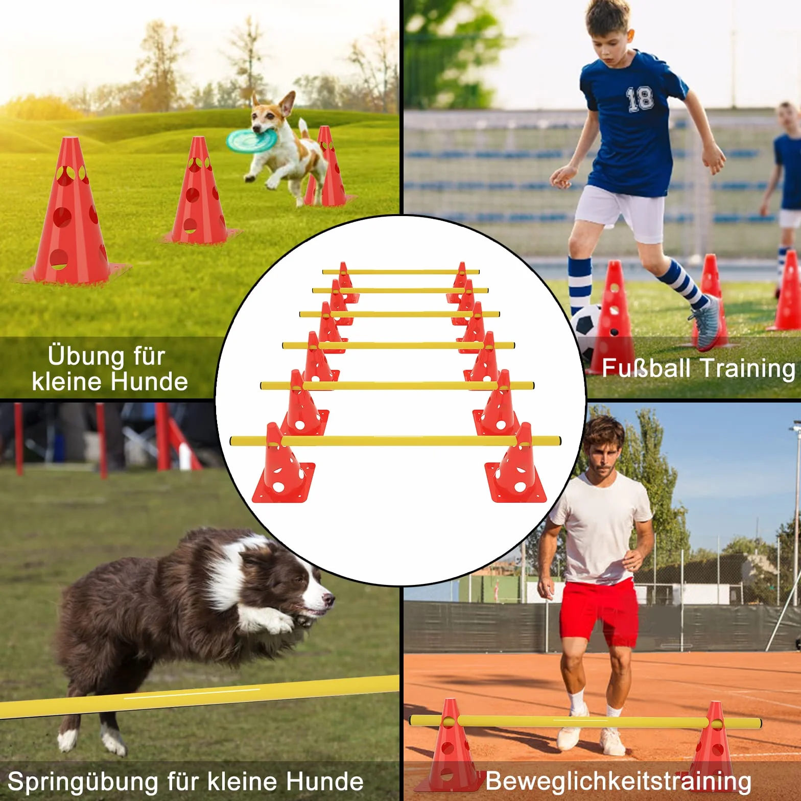 ACXIN Zestaw 6 płotków sportowych, 12 stożków + 6 drążków, zestaw przeszkód do wbijania, trening koordynacyjny dla dzieci, psów, sporty zespołowe, piłka nożna, stożek wielofunkcyjny, wysokość: 32 cm
