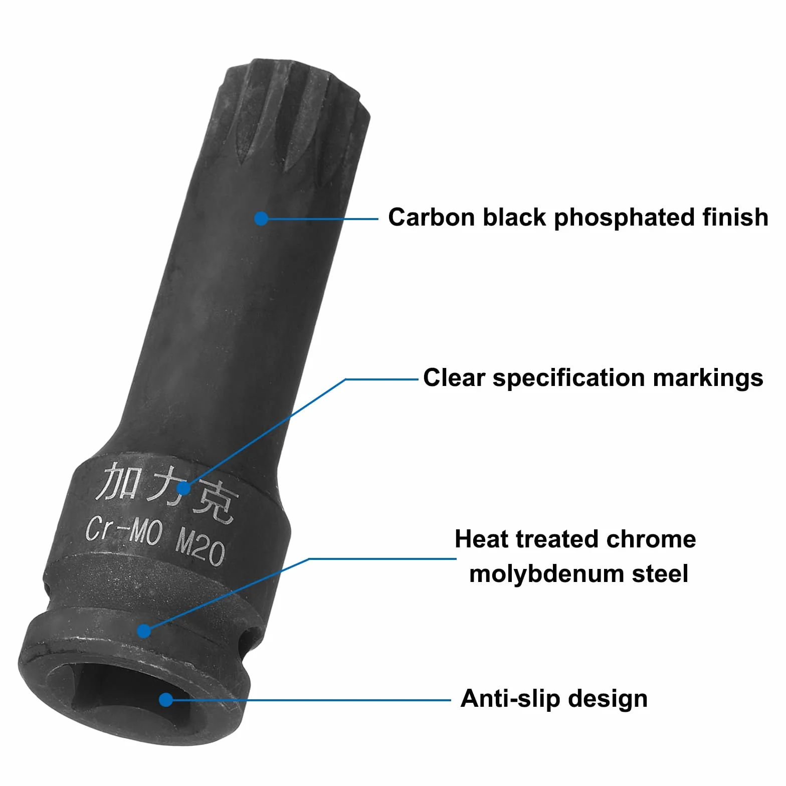 QUARKZMAN 1/2" Drive x M20(20 mm) Potrójny kwadratowy słupek Spline Bit Gniazdo, metryczny 3" długość, stal Cr-Mo do użytku ze sterownikami uderzeniowymi lub ręcznymi kluczami zapadkowymi