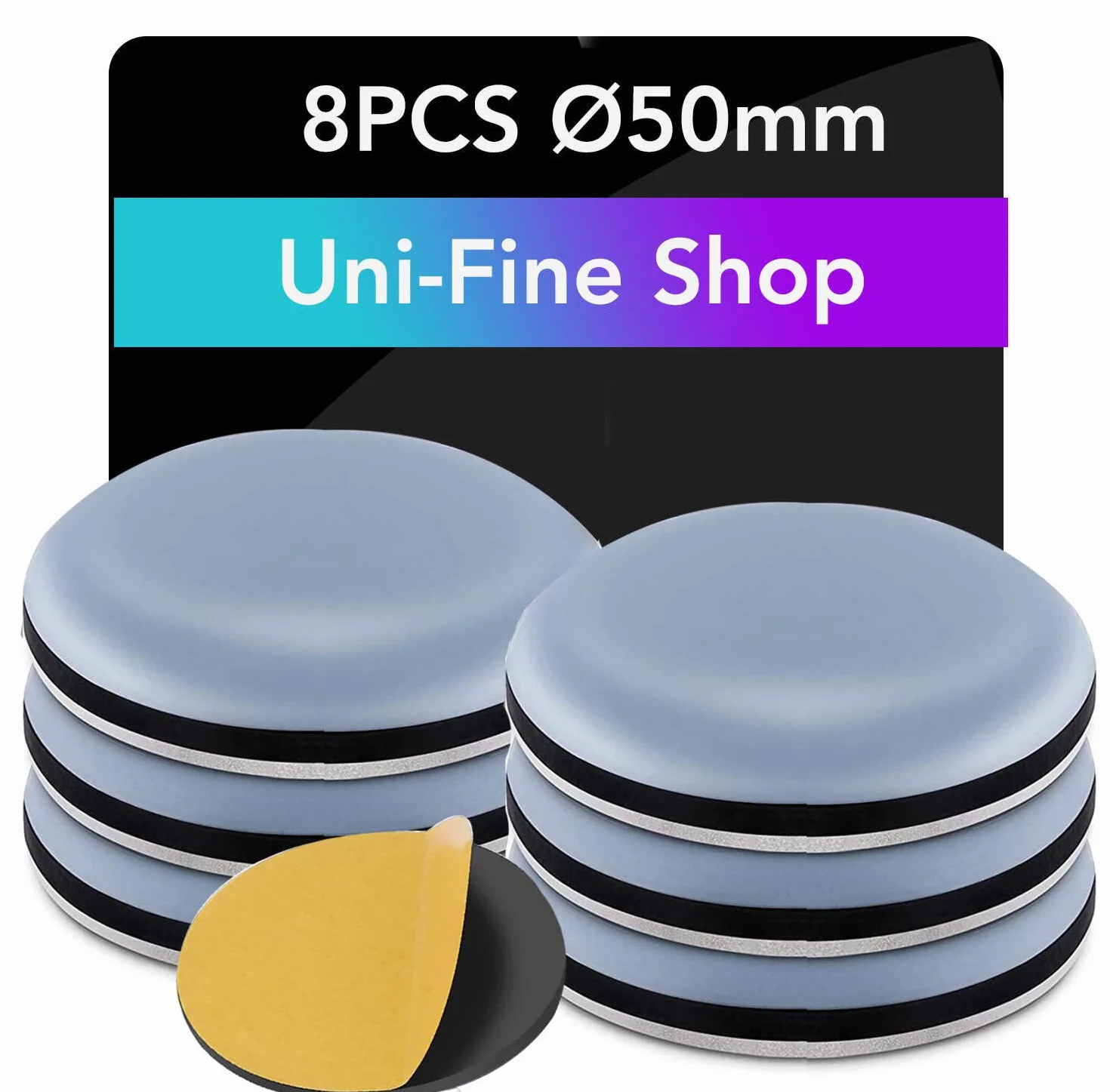 Uni-Fine 50 mm teflonowe ślizgacze meblowe, 8 sztuk, ślizgacze meblowe, PTFE do mebli teflonowych, samoprzylepne, na krzesło, sofę, do biura i stołu, okrągłe