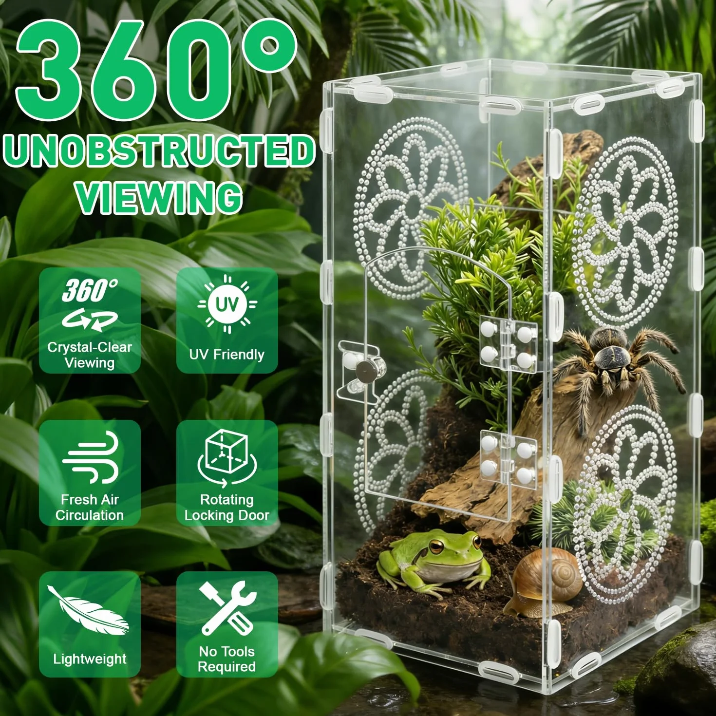 Akrylowe terrarium dla gadów, 30 x 15 x 14cm, 360° przezroczyste pudełko dla fauny, zawiera pęsetę, oddychające pudełko do hodowli gadów, pudełko do karmienia gadów dla pająków skaczących