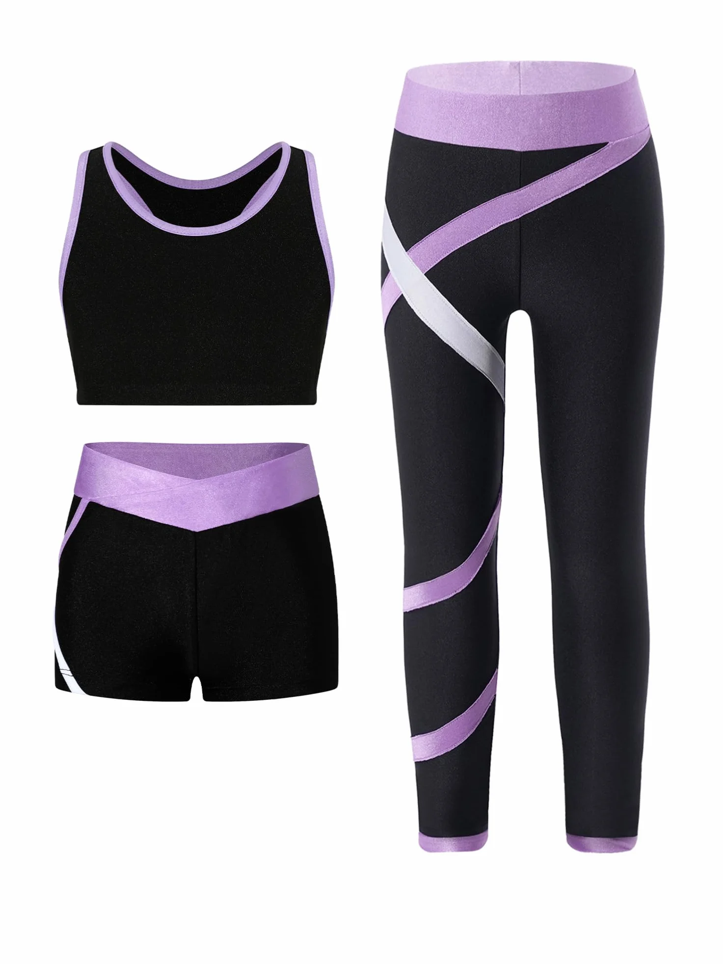 Alvivi Dziecięcy dres treningowy 3-częściowy, sportowy biustonosz + szorty + legginsy, strój do joggingu, gimnastyka, joga, zestaw sportowy, lawendowy, 134-140