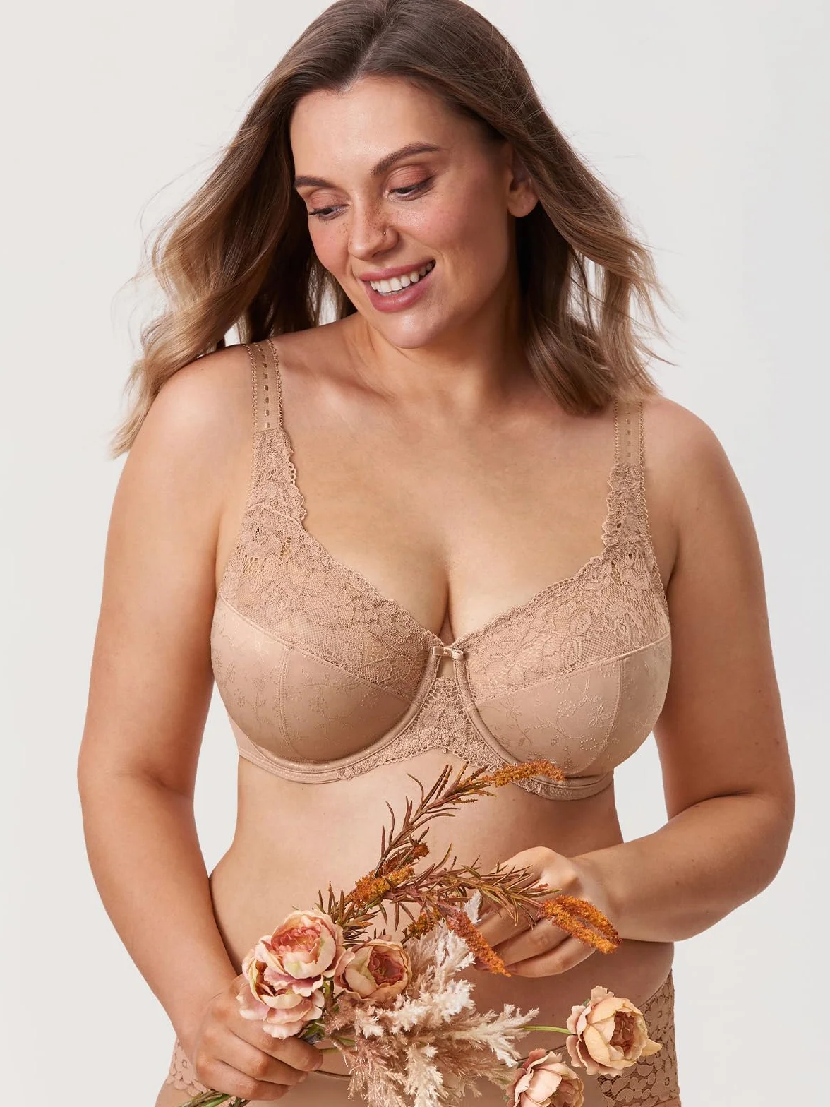 DELIMIRA Damski biustonosz plus size pełne pokrycie fiszbiny bez podszewki minimalizujący koronkowy biustonosz