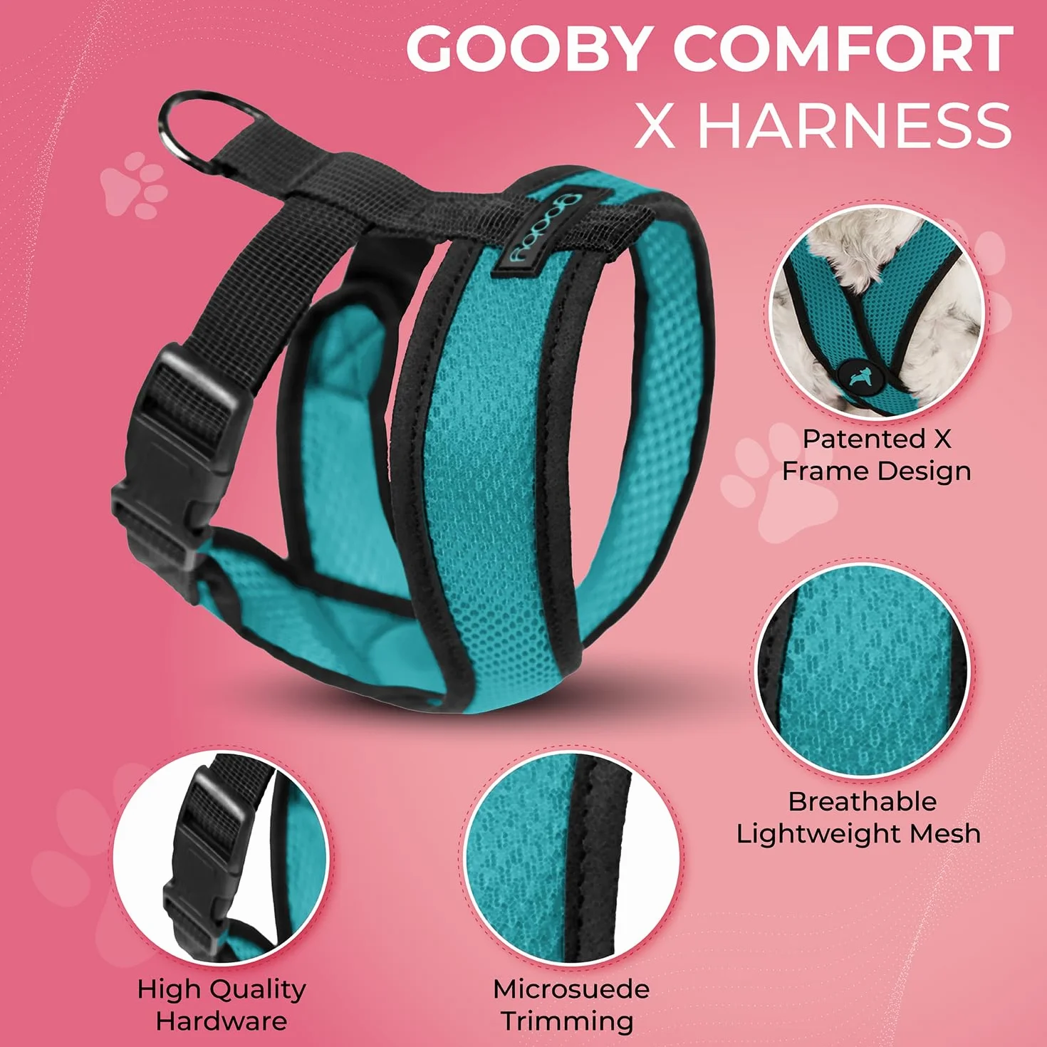 Gooby Comfort X Head w uprzęży, turkusowa, mała, bez ciągnięcia, opatentowana ramka X bez zadławienia, uprząż dla średnich psów, bez ciągnięcia, dla małych psów, do użytku wewnątrz i na zewnątrz