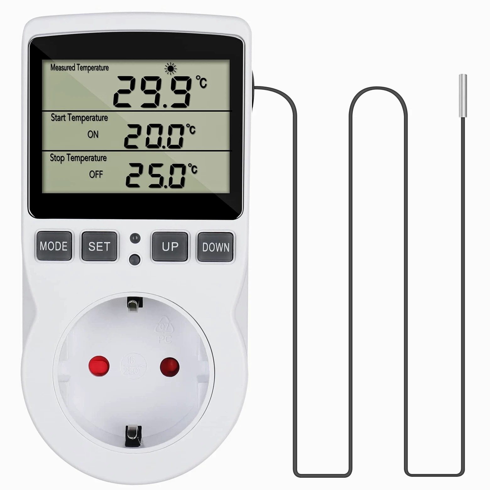 Cyfrowy termostat gniazdko elektryczne 230 V z czujnikiem i timerem do szklarni terrarium akwarium
