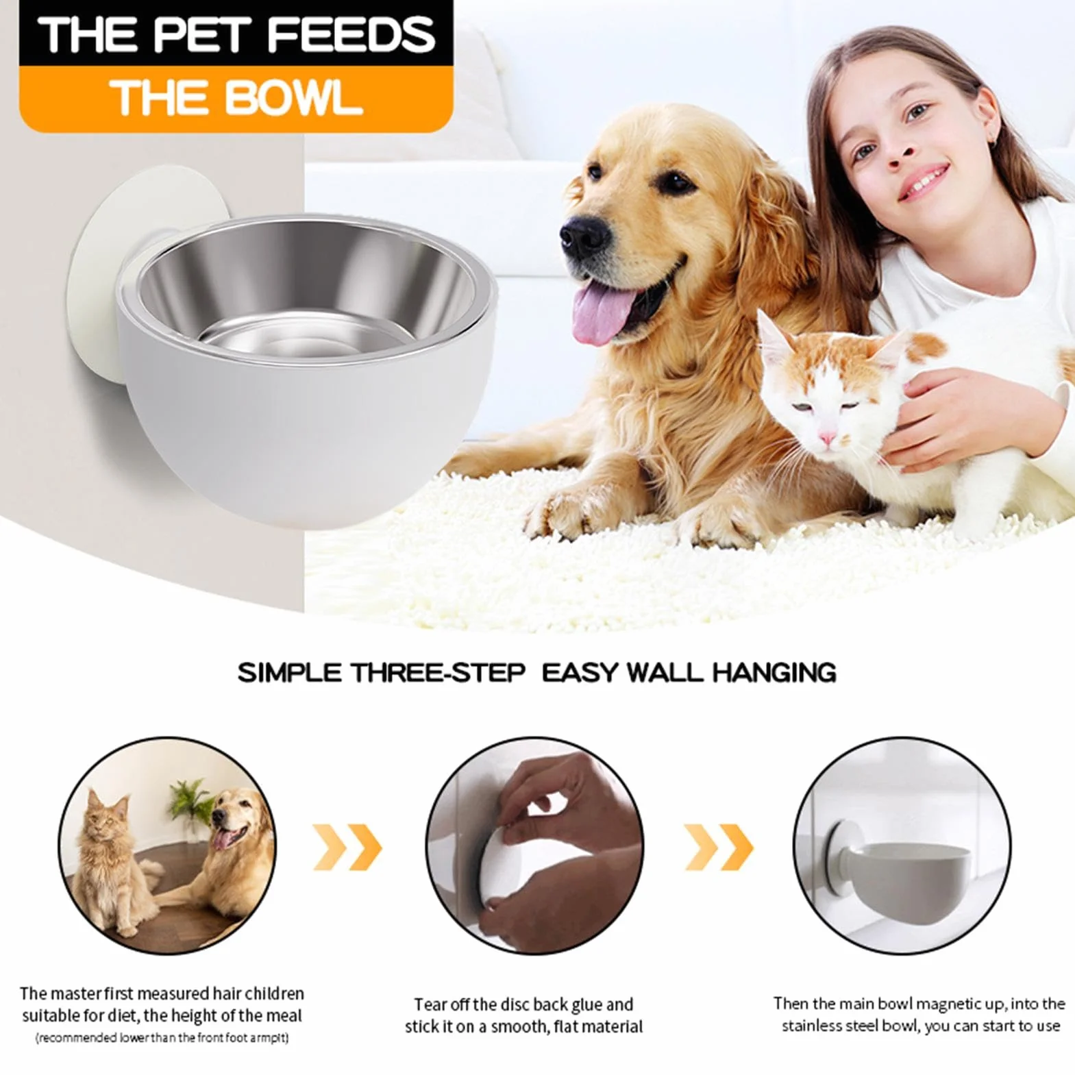 Wall Magnetic Dog Bowl, Stainless Steel Anti-Spill Feeder, Fixed Elevated Design, Strong Magnetic Mounting, Rust-Resistant & Dishwasher Safe, Perfect for Pets Food and Water