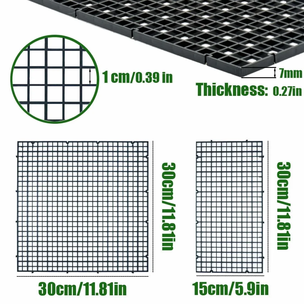 LINLAN 12 sztuk 15 x 30 cm (5,9 x 11,8 cala) Plastikowa kratka akwariowa, dzielnik akwarium, filtrowanie i ochrona dna DIY (kolor czarny, bez akcesoriów)