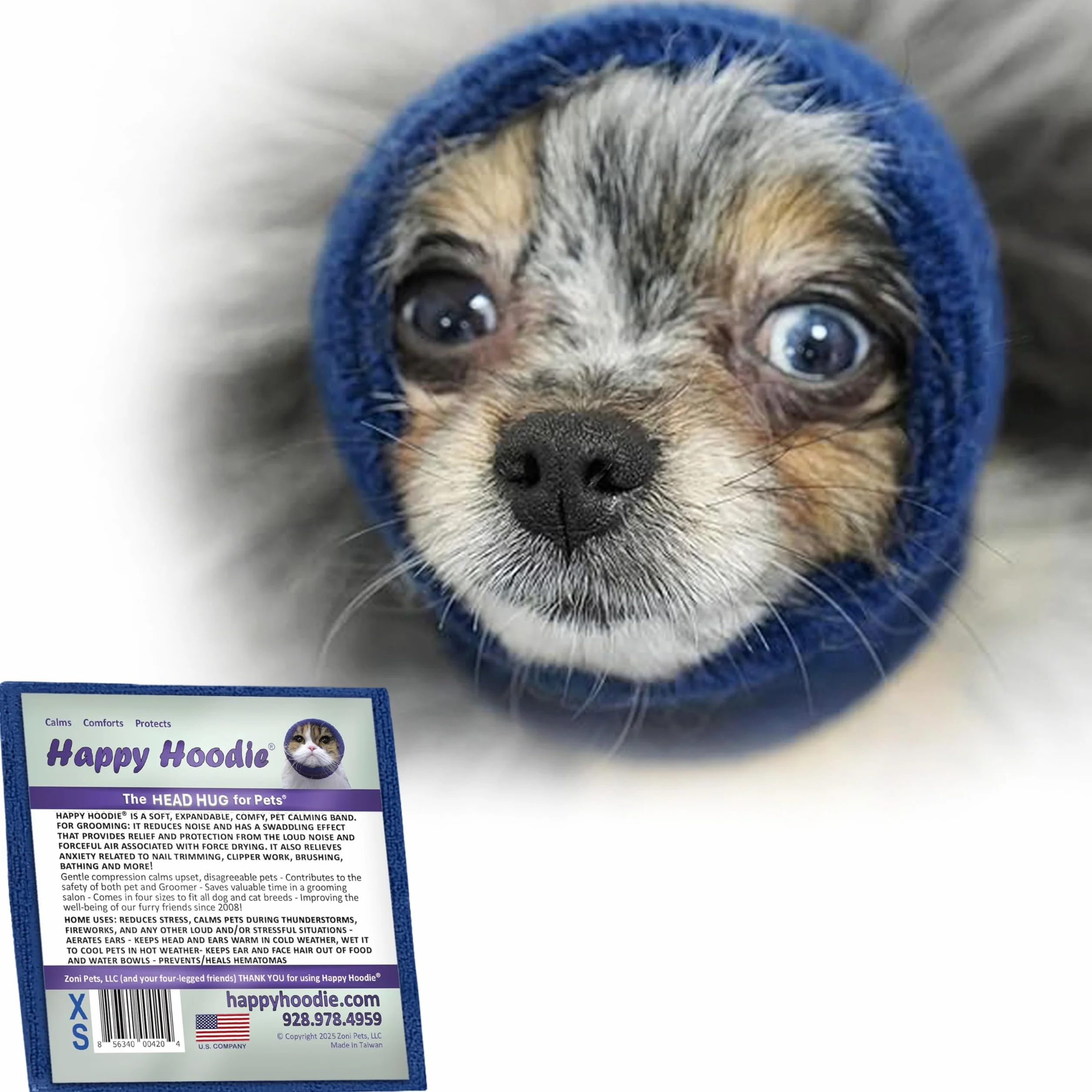 Happy Hoodie Oryginalna opaska uspokajająca dla psów i kotów - łagodzi niepokój, redukcja hałasu, podczas fajerwerków, burzy, pielęgnacji zwierząt domowych i suszenia siły, pomoc uspokajająca dla psów