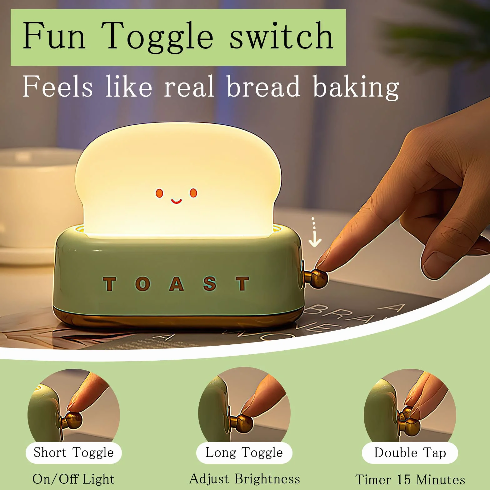 TNSLAND Toast Lampka Nocna dla Dzieci, Kawaii LED z Timerem, do Pokoju Dziecięcego, Ładowana przez USB, dla Niemowląt, do Karmienia, Uśmiech