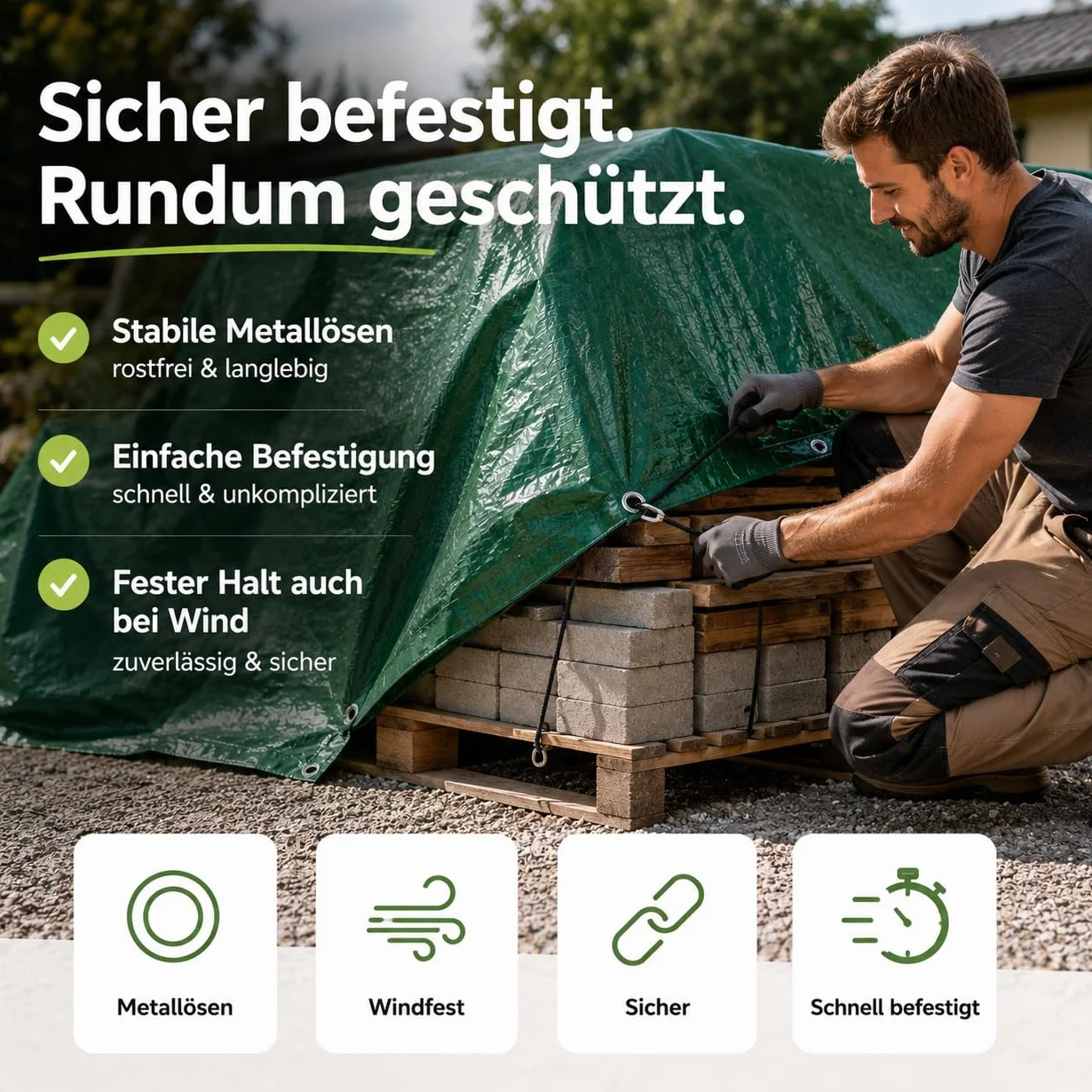 Plandeka ochronna i ogrodowa 3 x 3 m, 150 g/m², zielona – uniwersalna plandeka do kempingu i ogrodu