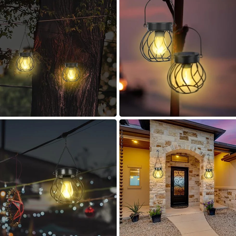 2-pak lampionów solarnych Flintronic – wodoodporne wiszące metalowe lampy solarne do ogrodu IP65 na podwórko, ścieżkę, patio, trawnik, stół i ozdoby ogrodzeniowe