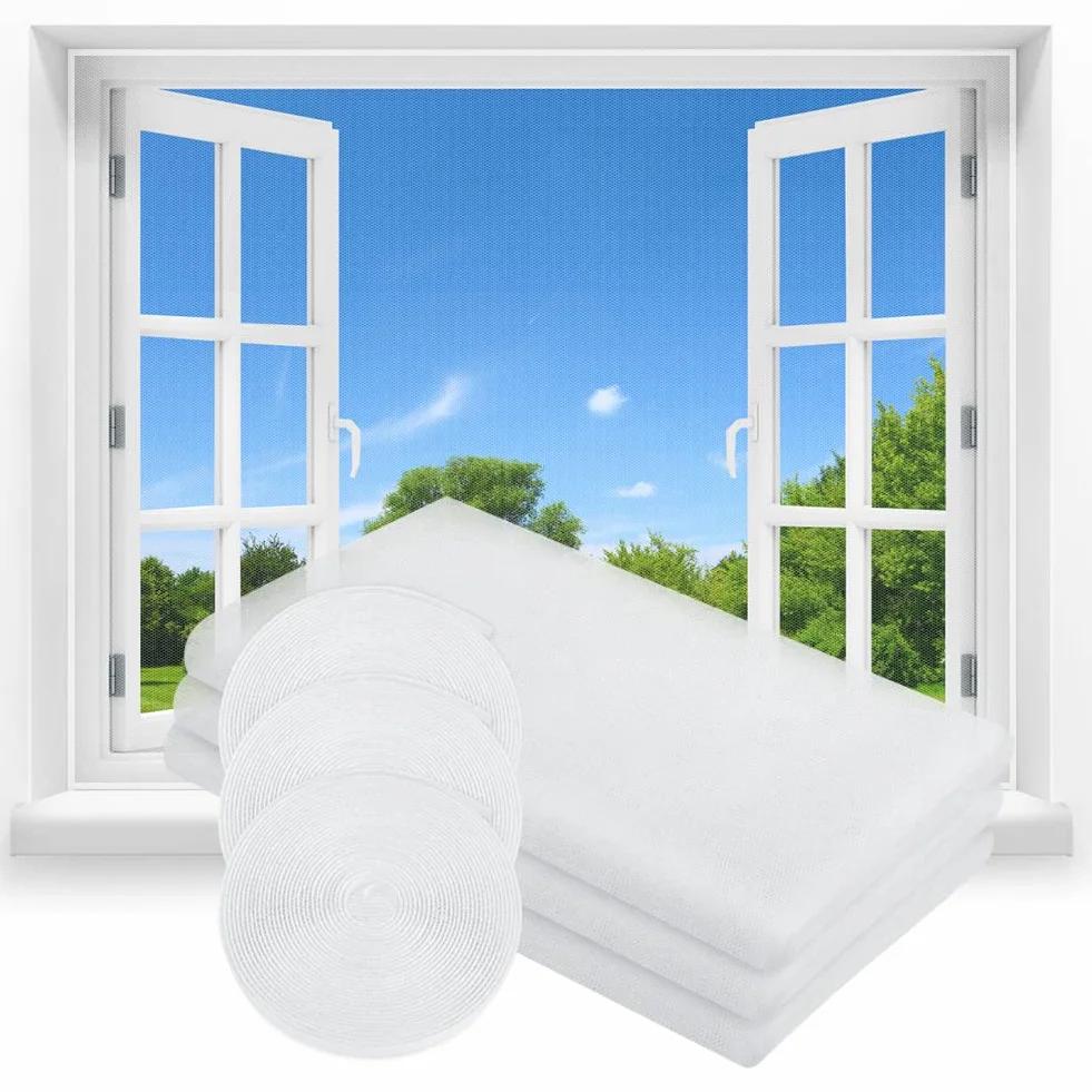 flintronic Moskitiera okienna, 3 sztuki 1,3 m x 1,5 m/DIY rozmiar przeciw owadom moskitiery do okien, z 4 rolkami samoprzylepnych taśm przeciw komarom owady, biały