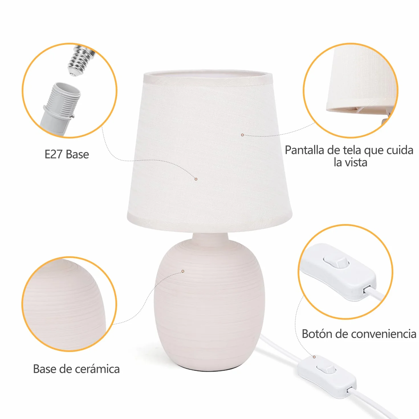 Aigostar Lampa stołowa E14 LED abażur z tkaniny vintage do sypialni