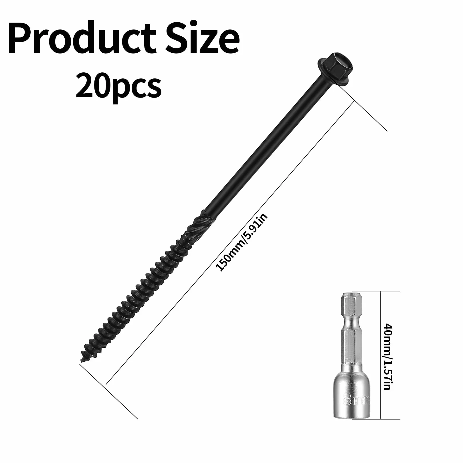 Zestaw 20 śrub z łbem talerzowym, sześciokątne śruby do drewna, 6,7 x 150 mm, wkręty samogwintujące, sześciokątne, śruby krokwi do konstrukcji dachowych, śruby konstrukcyjne (6,7 x 150 mm)